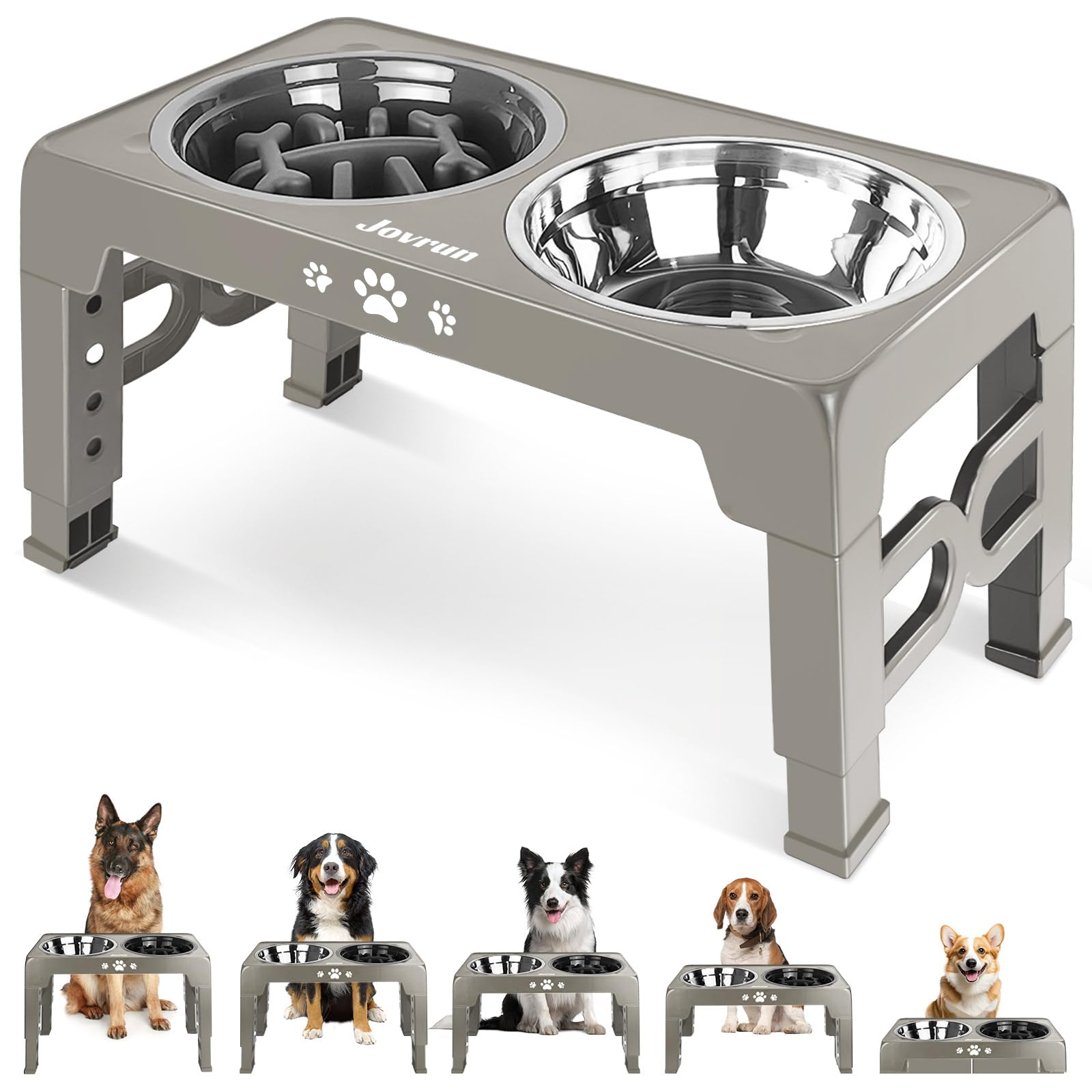 Jovrun elevated dog bowls stand showing height-adjust feature for comfortable dining