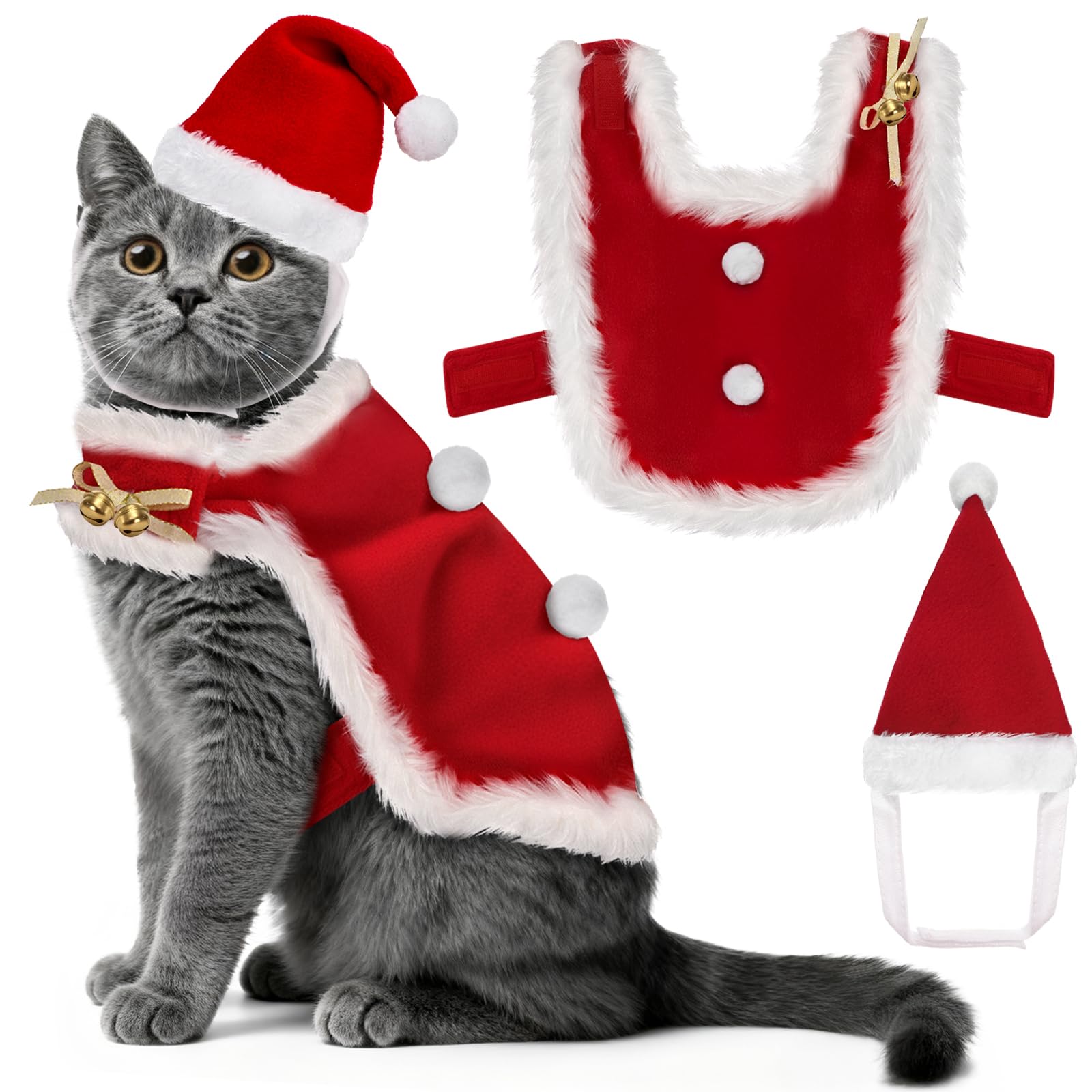 Jowgut cat Christmas costume - Santa hat and red cloak for festive photos.