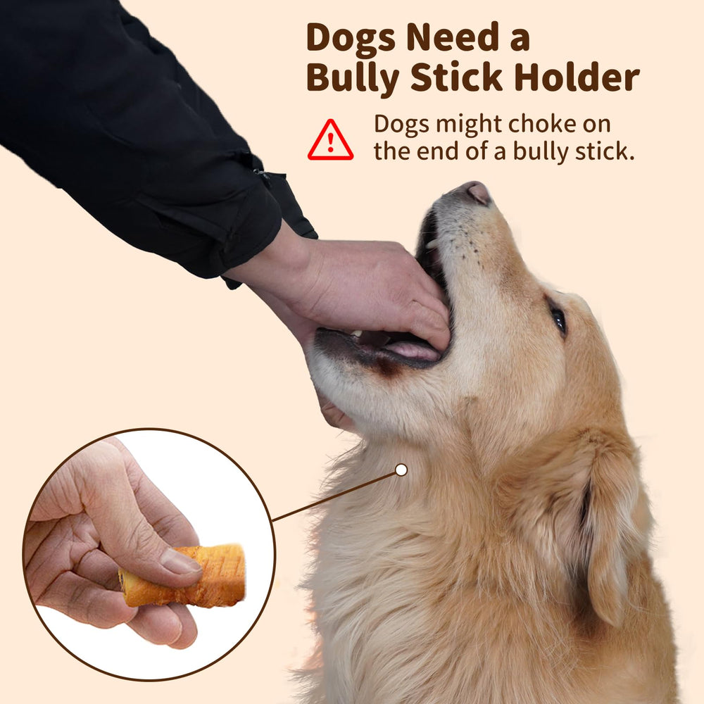 JoyBruko bully stick holder in use with dog enjoying longer, focused chewing