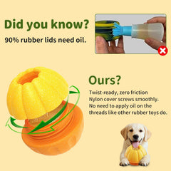 JoyBruko interactive dog toy snack-dispensing-hole enables snack rewards during play.