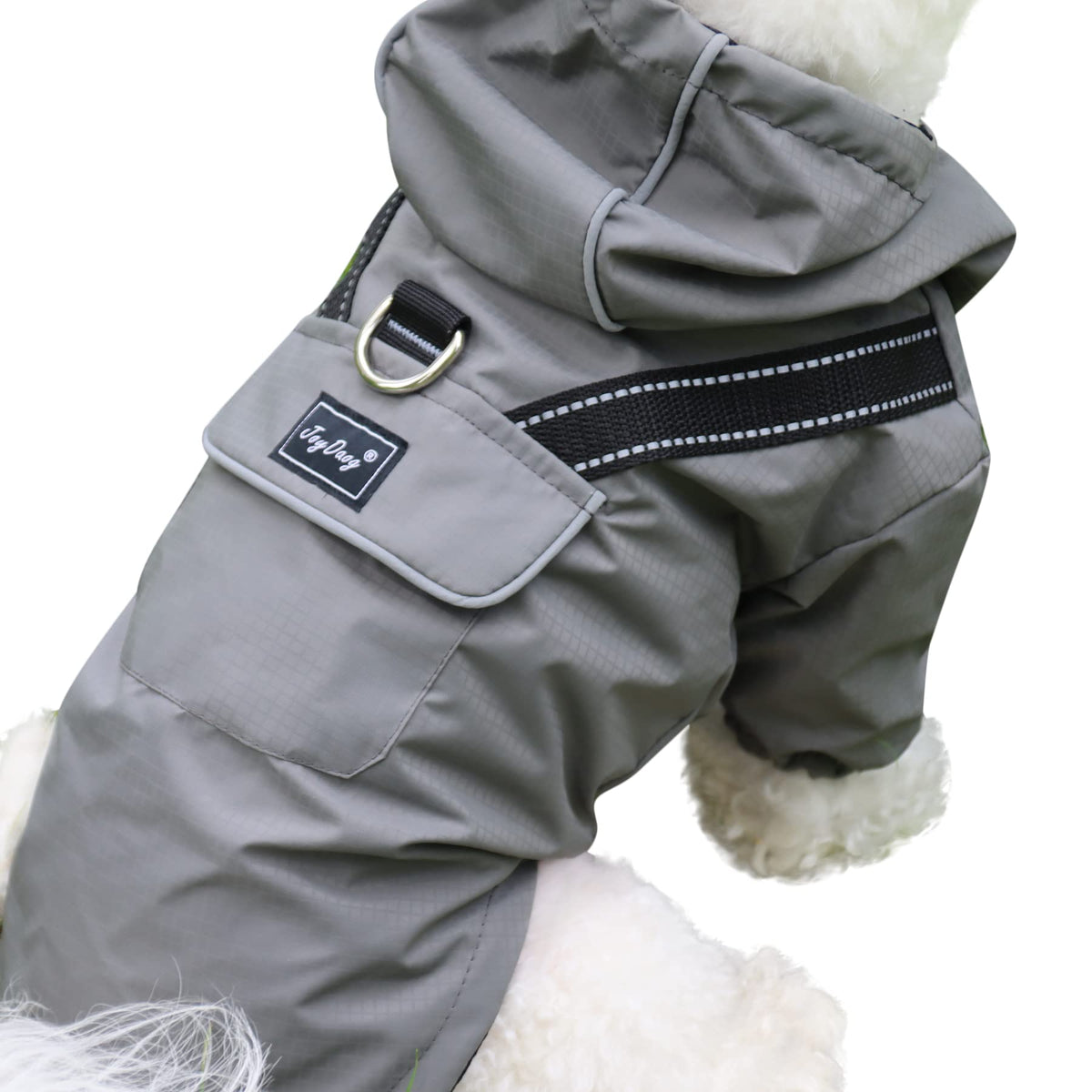 JoyDaog dog raincoat with hood grey front view keeps small dogs dry in rain
