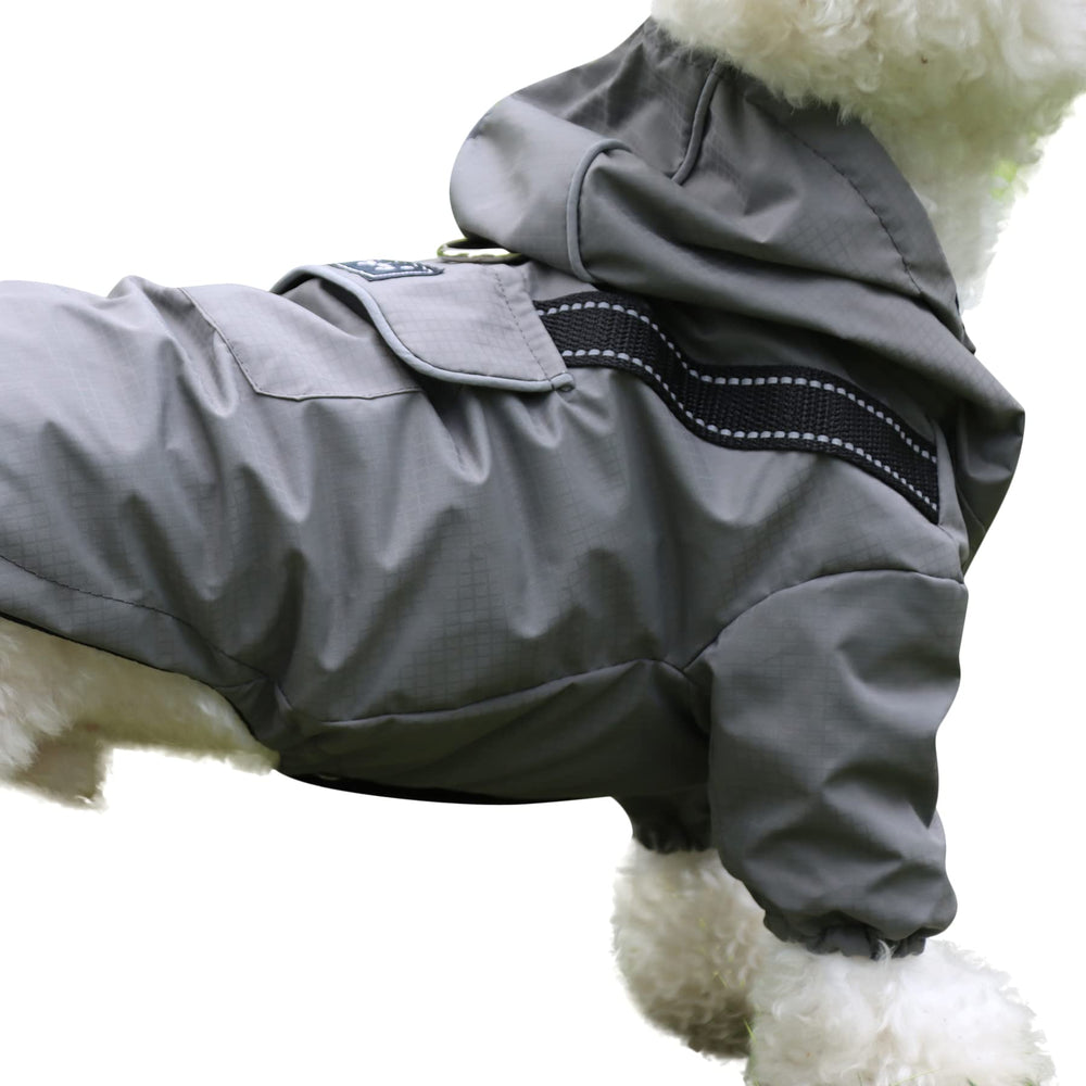 JoyDaog grey dog raincoat with adjustable chest and belly edges for comfort