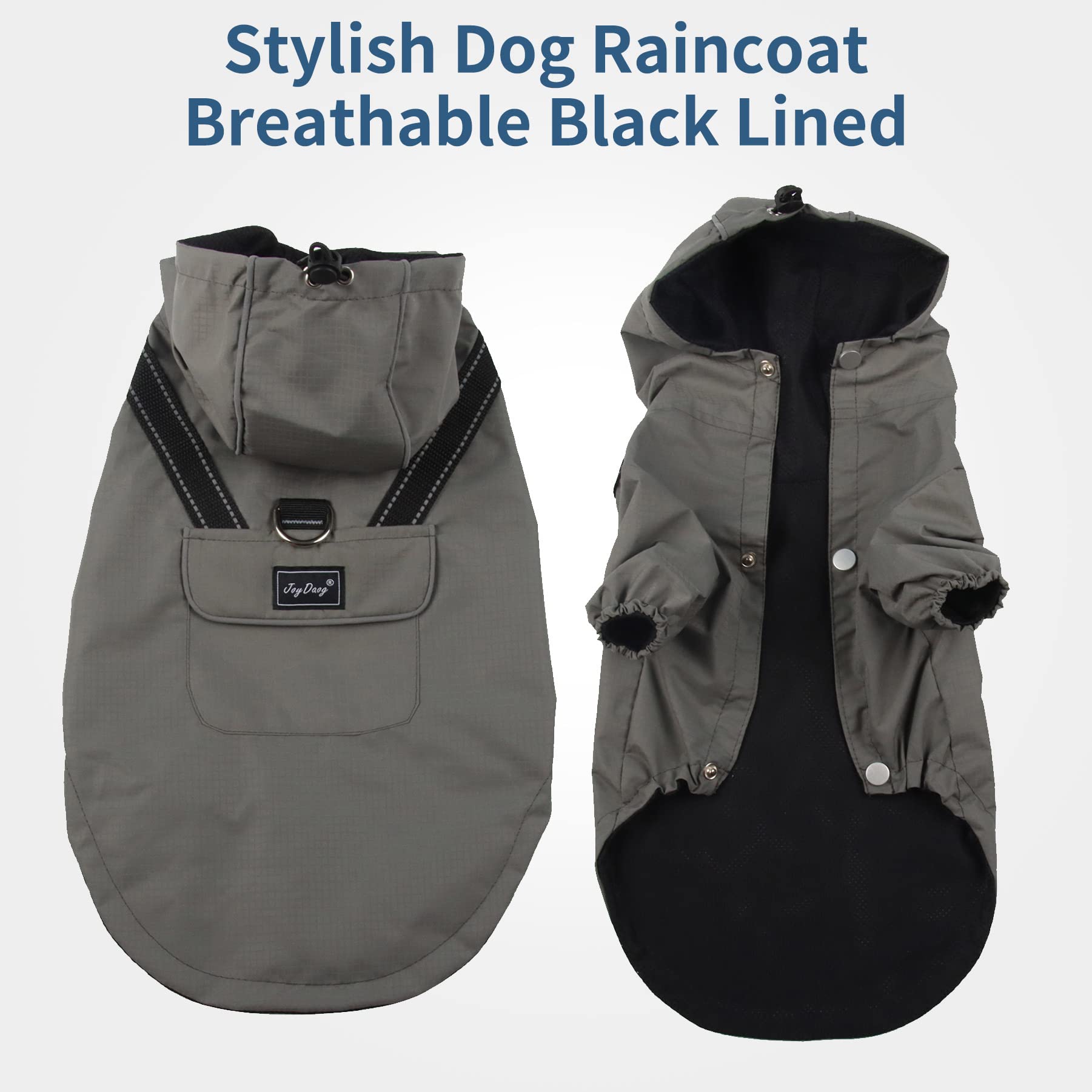 JoyDaog raincoat grey reflective front with D-ring decoration for easy towing