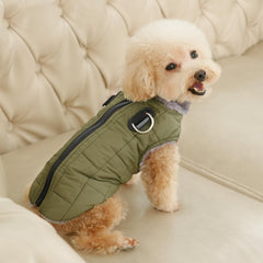 JoyDaog warm fleece dog coat with harness D-rings keeps leashes secure.