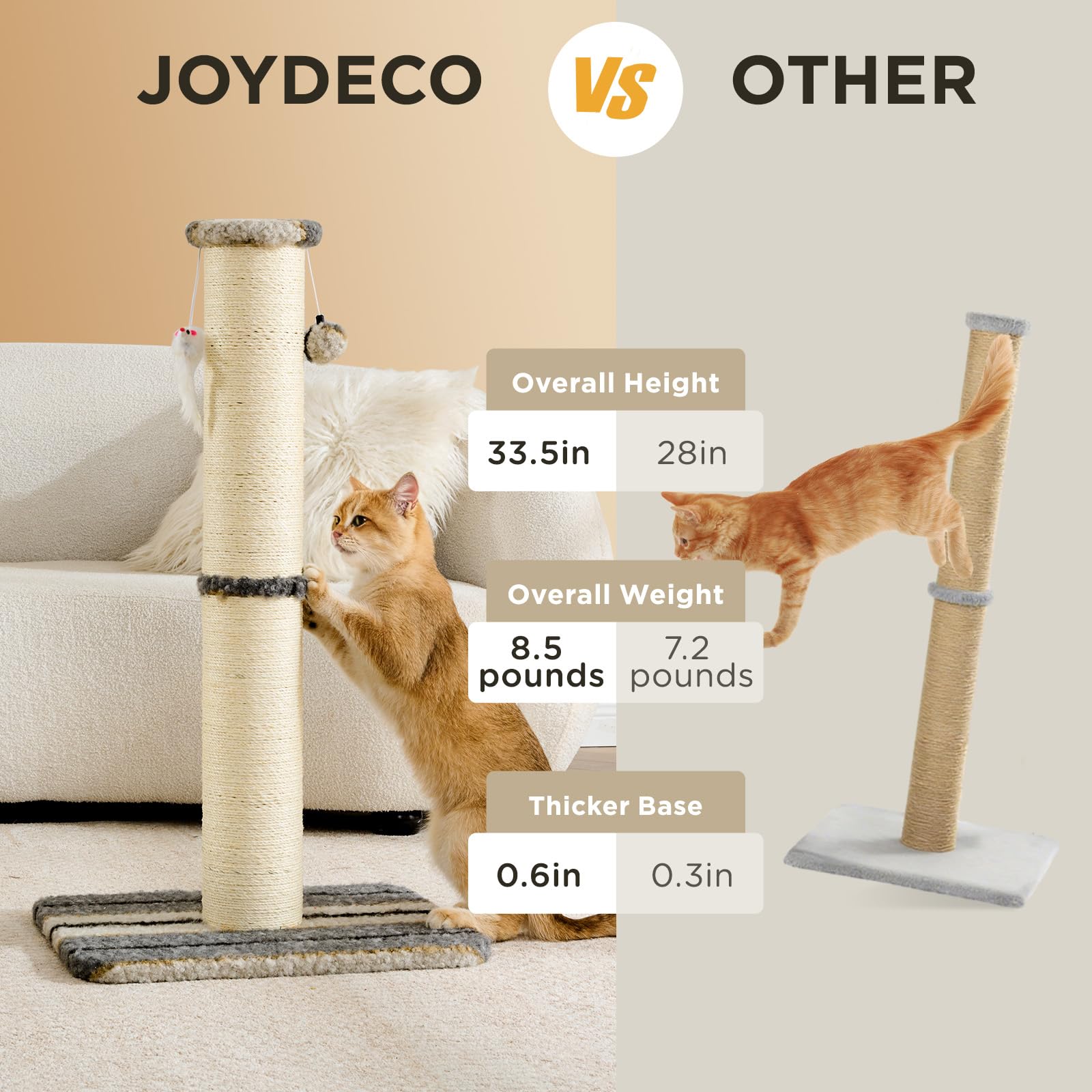 Joydeco cat scratching post with sisal rope close-up highlights durable surface for claws.