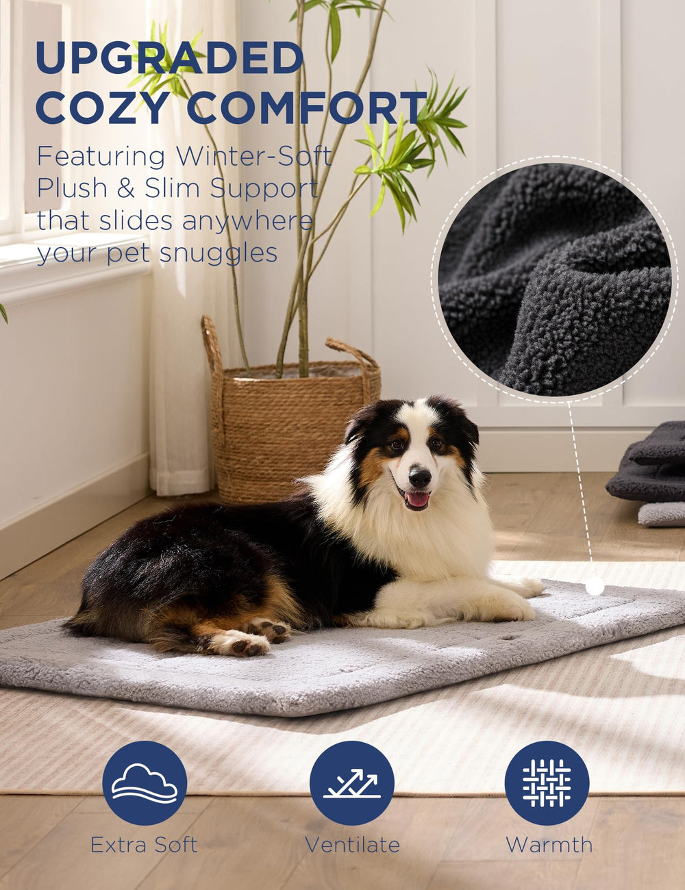 Joydeco reversible dog pad shows warm fleece side and cool faux linen side.