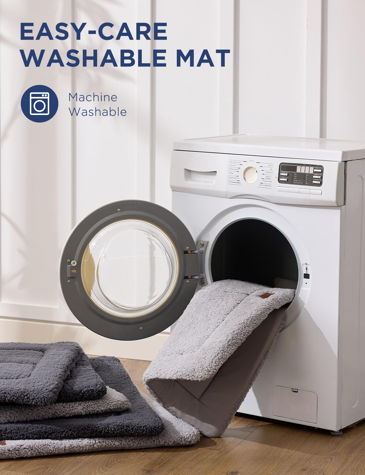 Joydeco low-profile dog crate mat machine-washable icon demonstrates hassle-free cleaning.