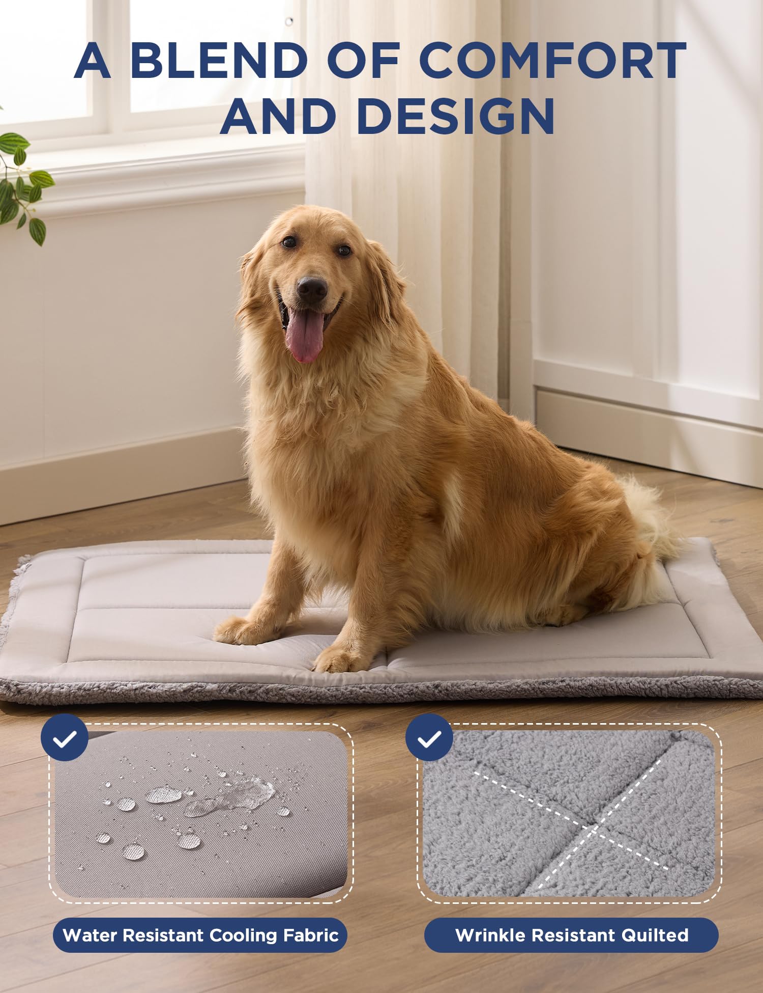 Joydeco low-profile dog crate mat reversible fleece side promotes year-round warmth and comfort.