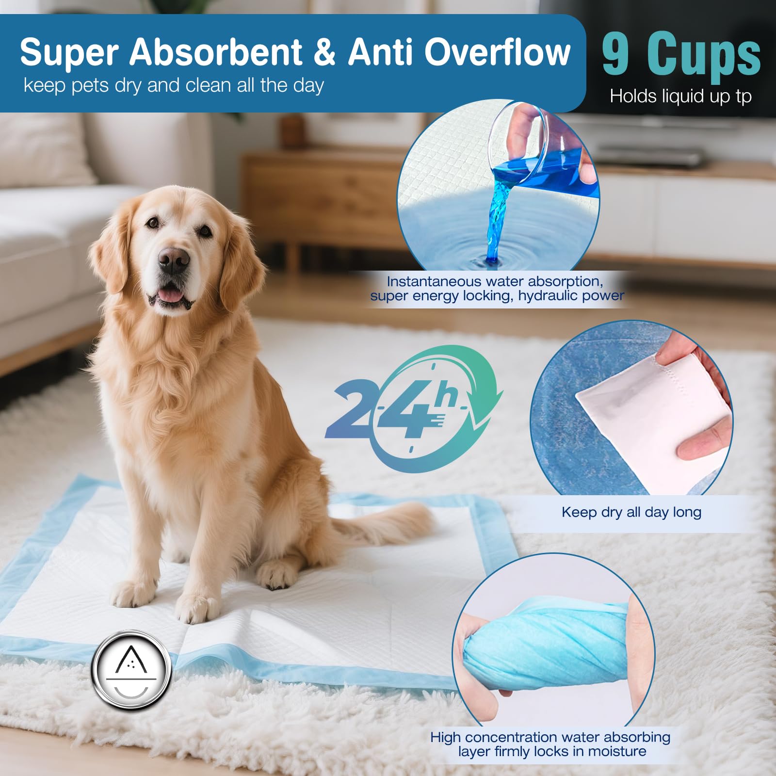 Joyeux Daily pad features leak-proof backing to prevent spills on floors.