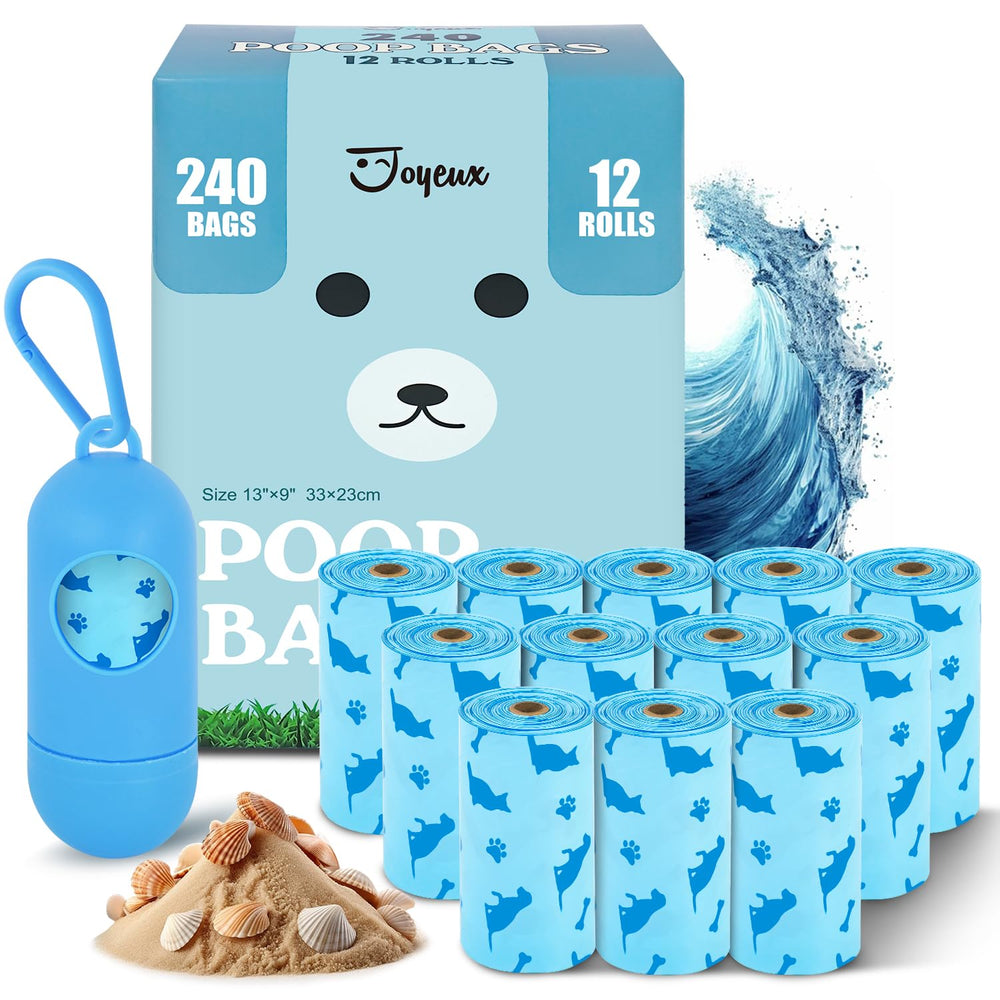 Joyeux Ocean Scent dog poop bag rolls with dispenser for easy cleanup on walks.