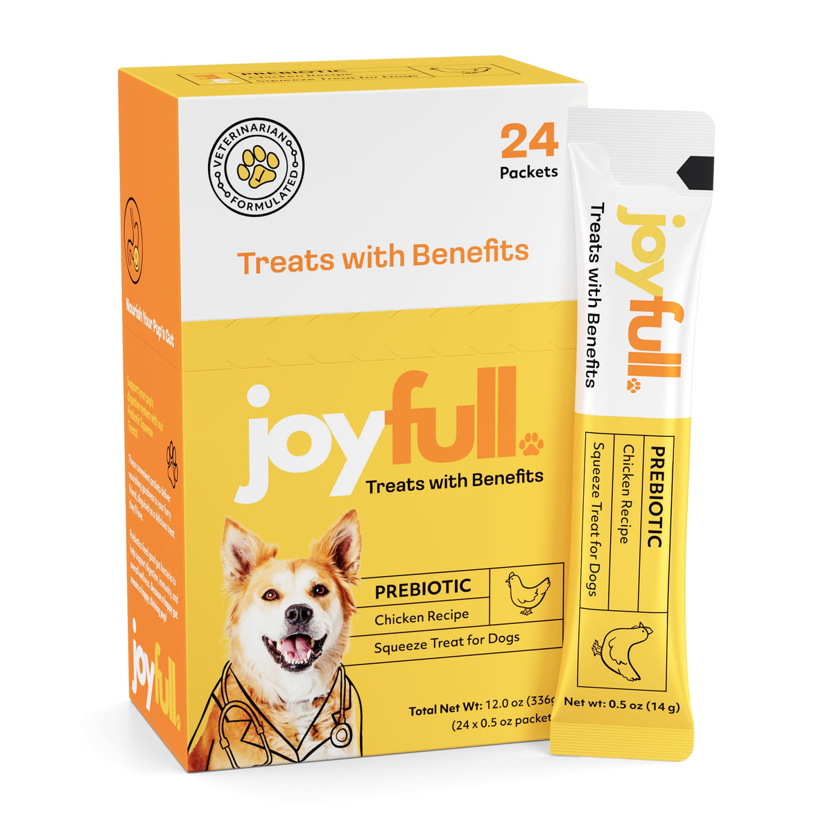 JoyFull Chicken Squeeze Treats packaging front shows real cage-free chicken for dogs.