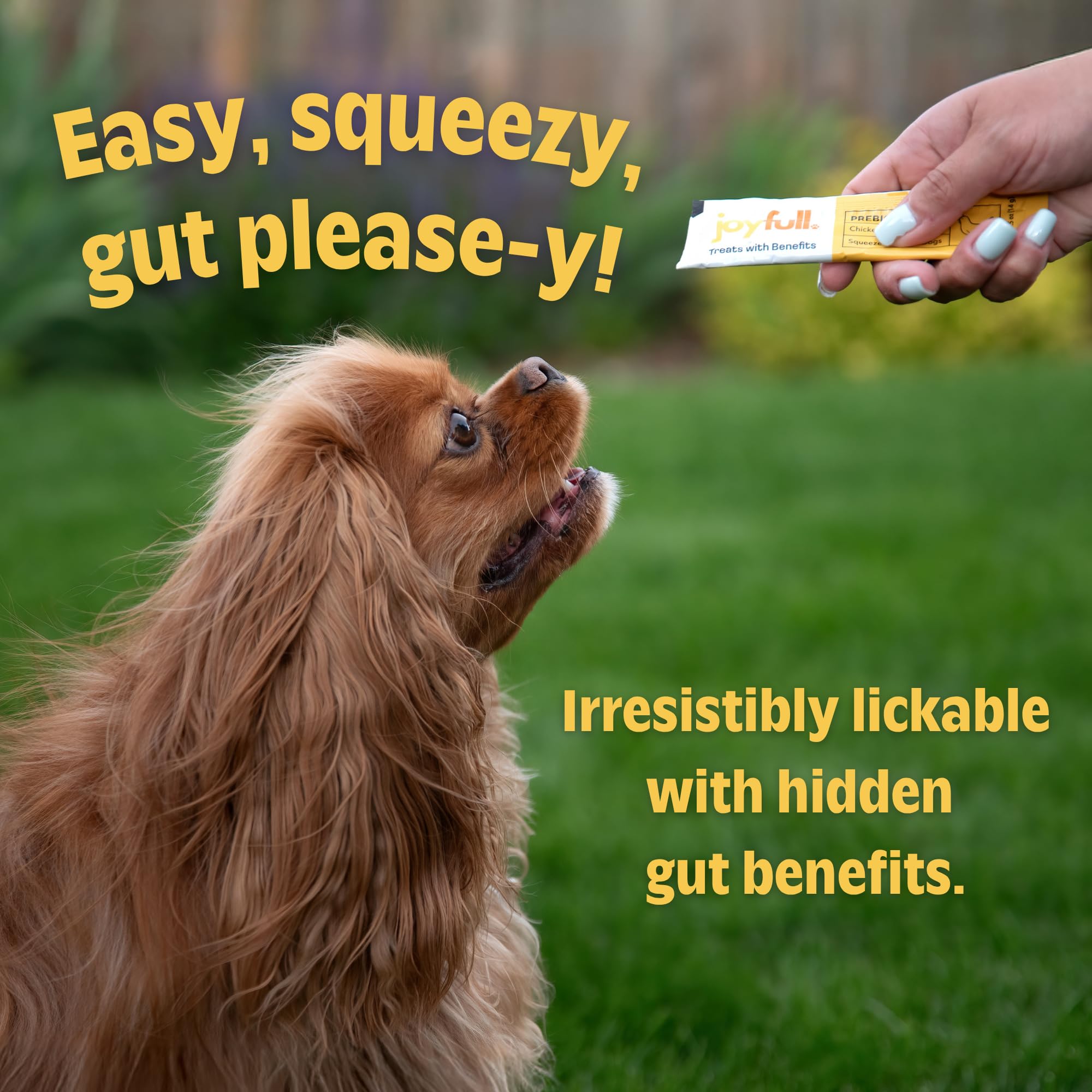 JoyFull single-serve packet being squeezed, portion control in action.