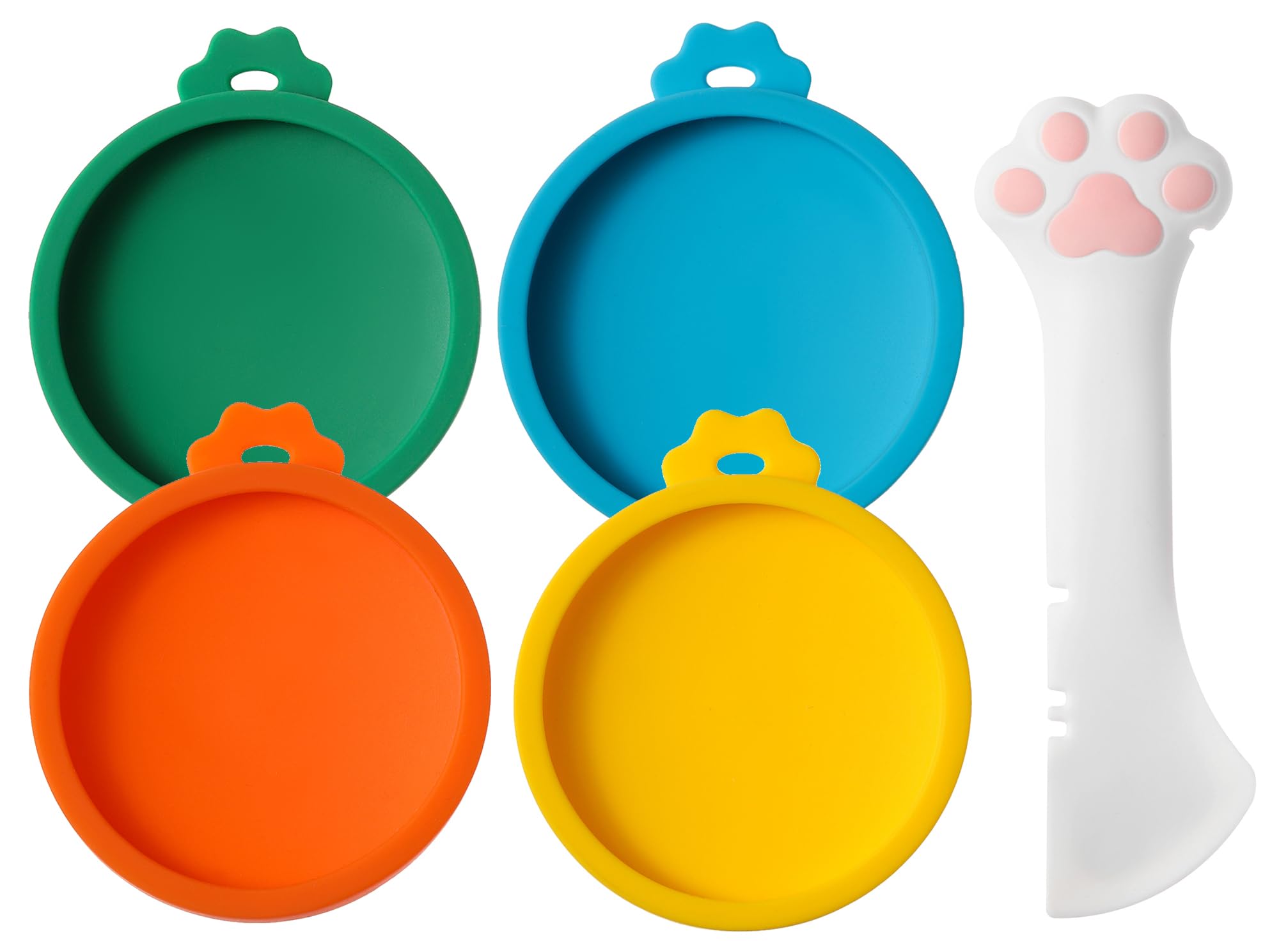 Joyinjojo cat food can lids 4pack shown on cans, keep moisture and freshness at feeding time.