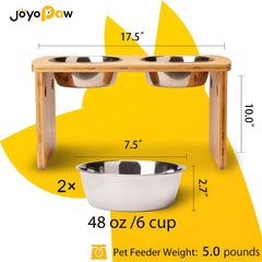 JOYOPAW bamboo raised feeder closeup highlighting sturdy, stable design.