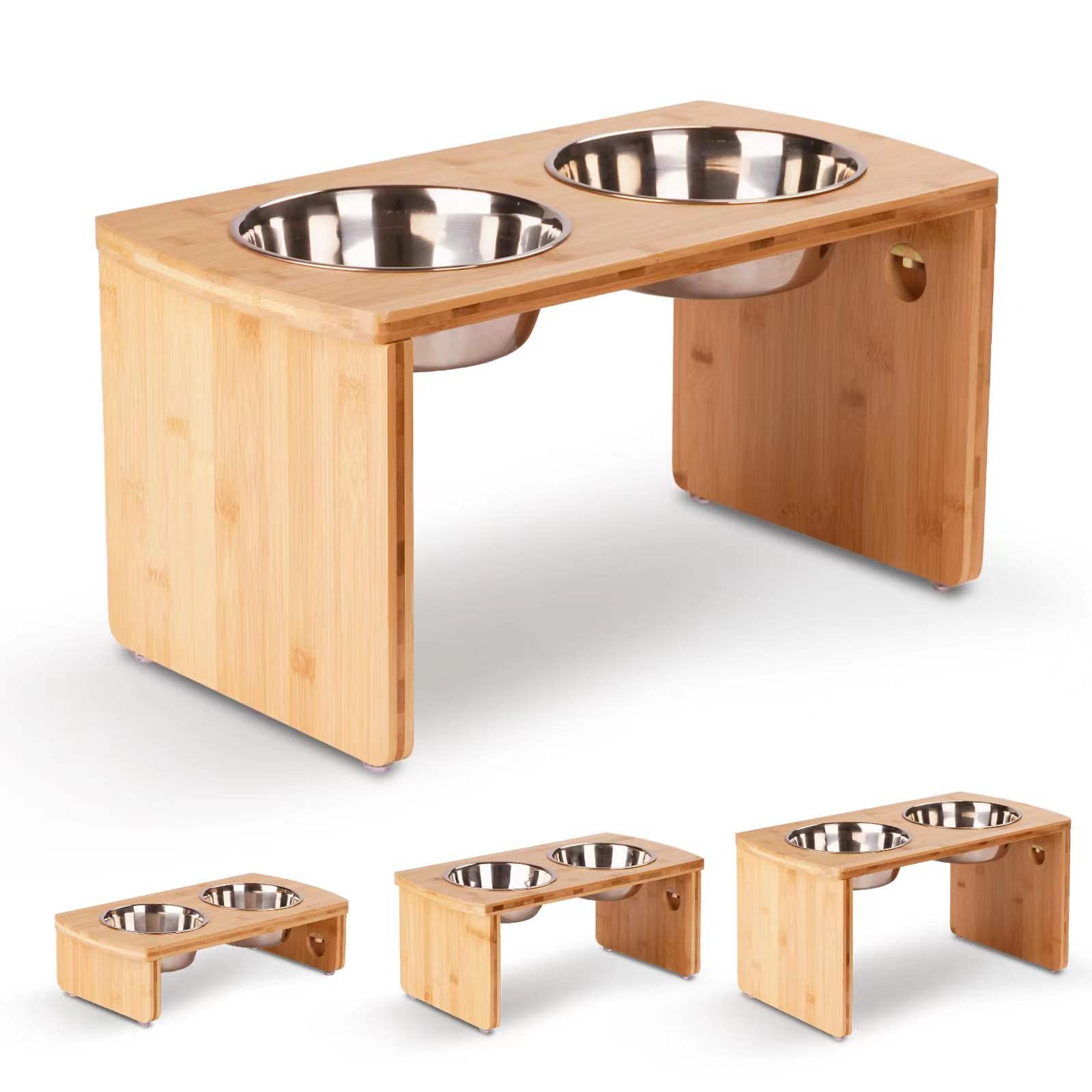 JOYOPAW elevated bowl stand setup shows bamboo frame for mess-free meals.