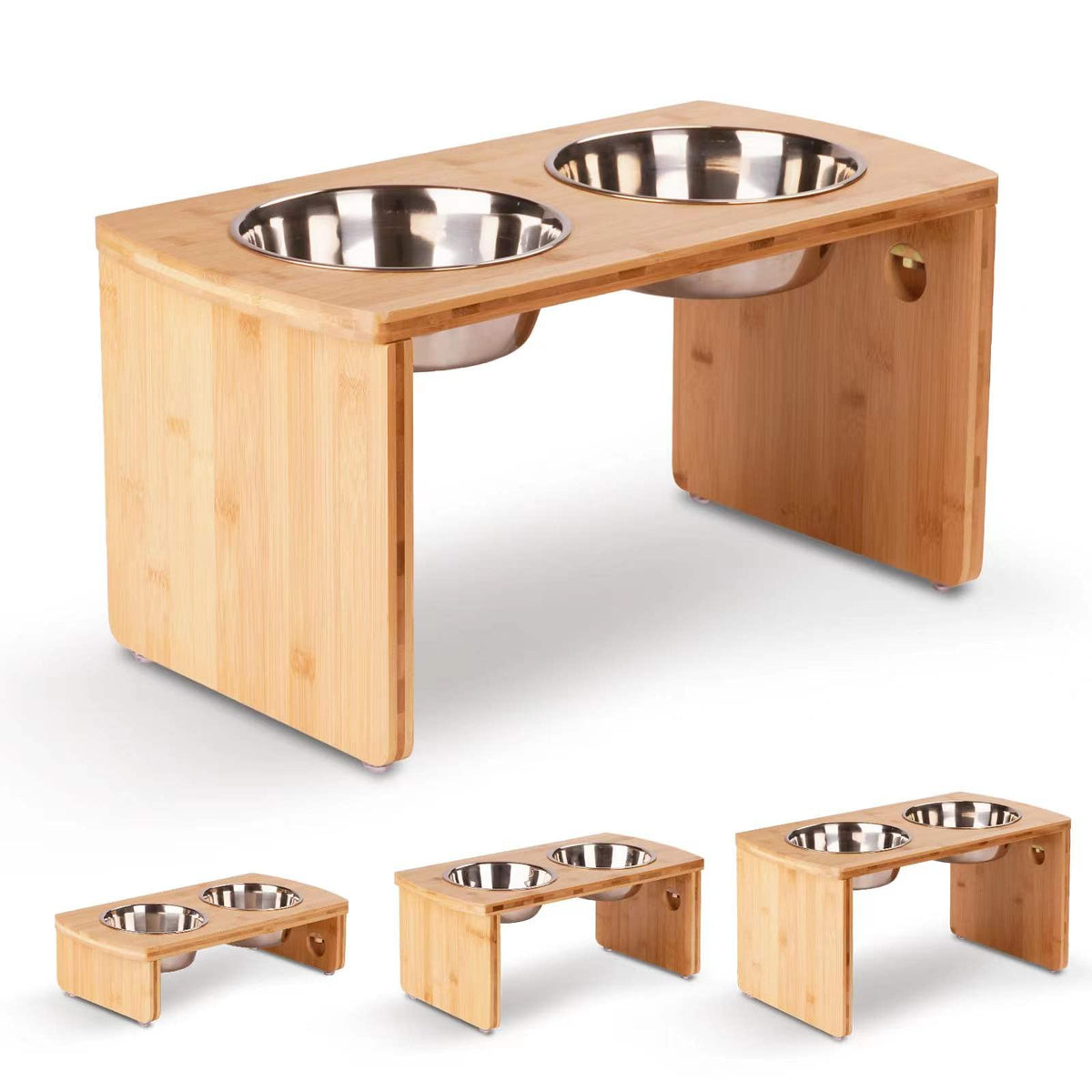 JOYOPAW elevated bowl stand setup shows bamboo frame for mess-free meals.
