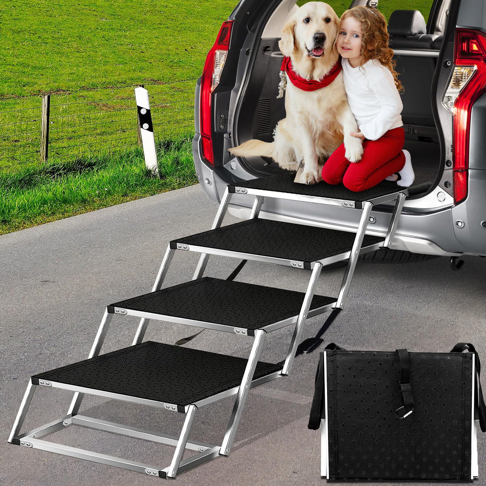 Joyrally dog ramp with foam handle and tailgate latch.