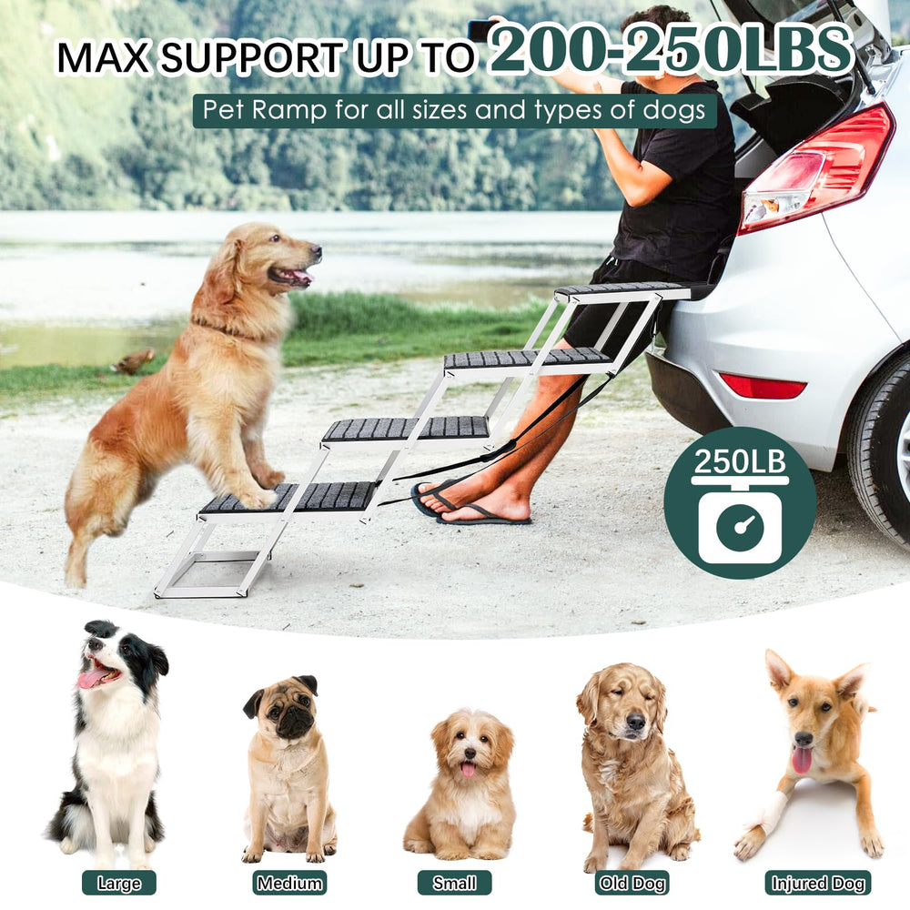 Joyrally extra-wide dog stairs provide stable access to vehicles.