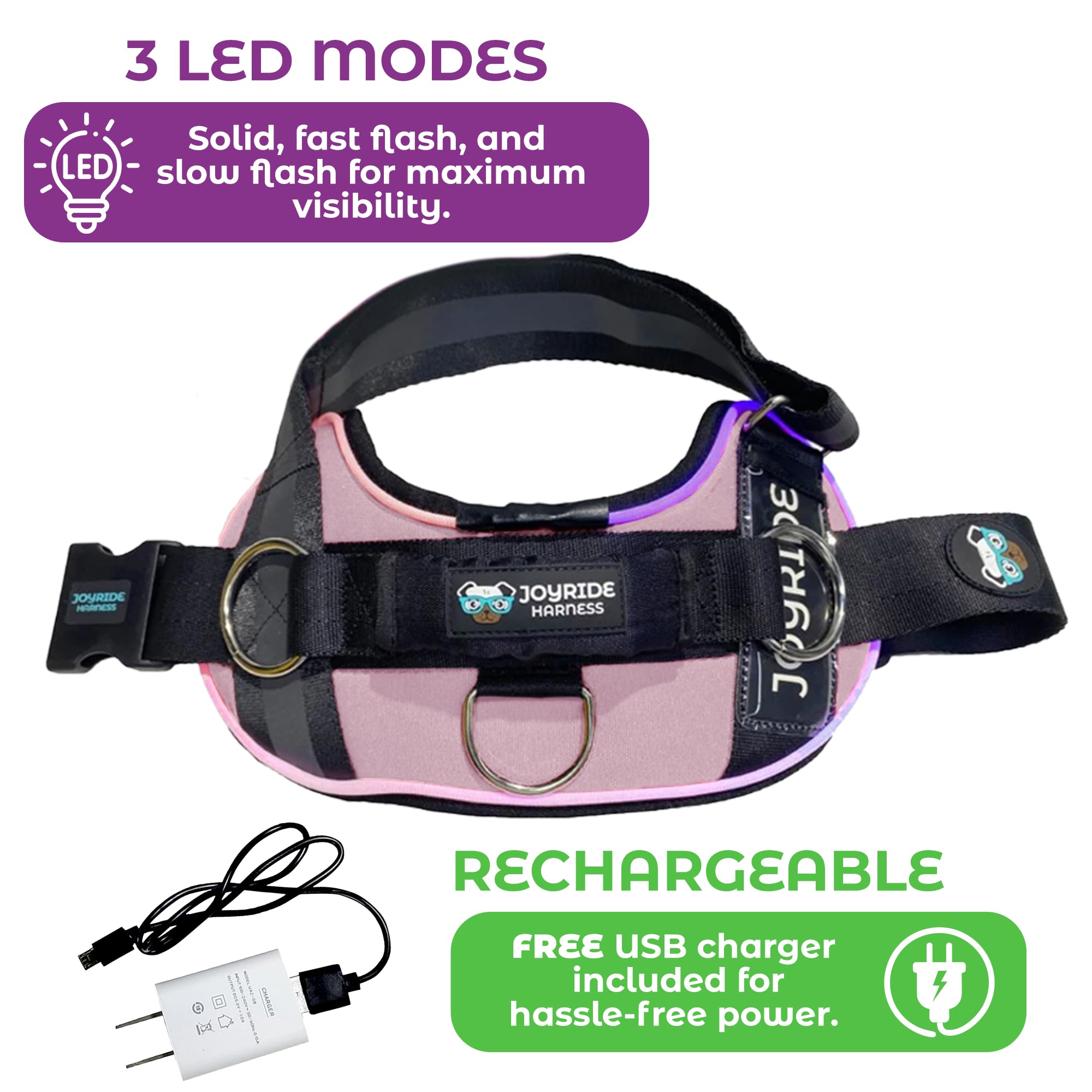 Joyride Harness three LED modes enabling adaptable lighting during strolls.