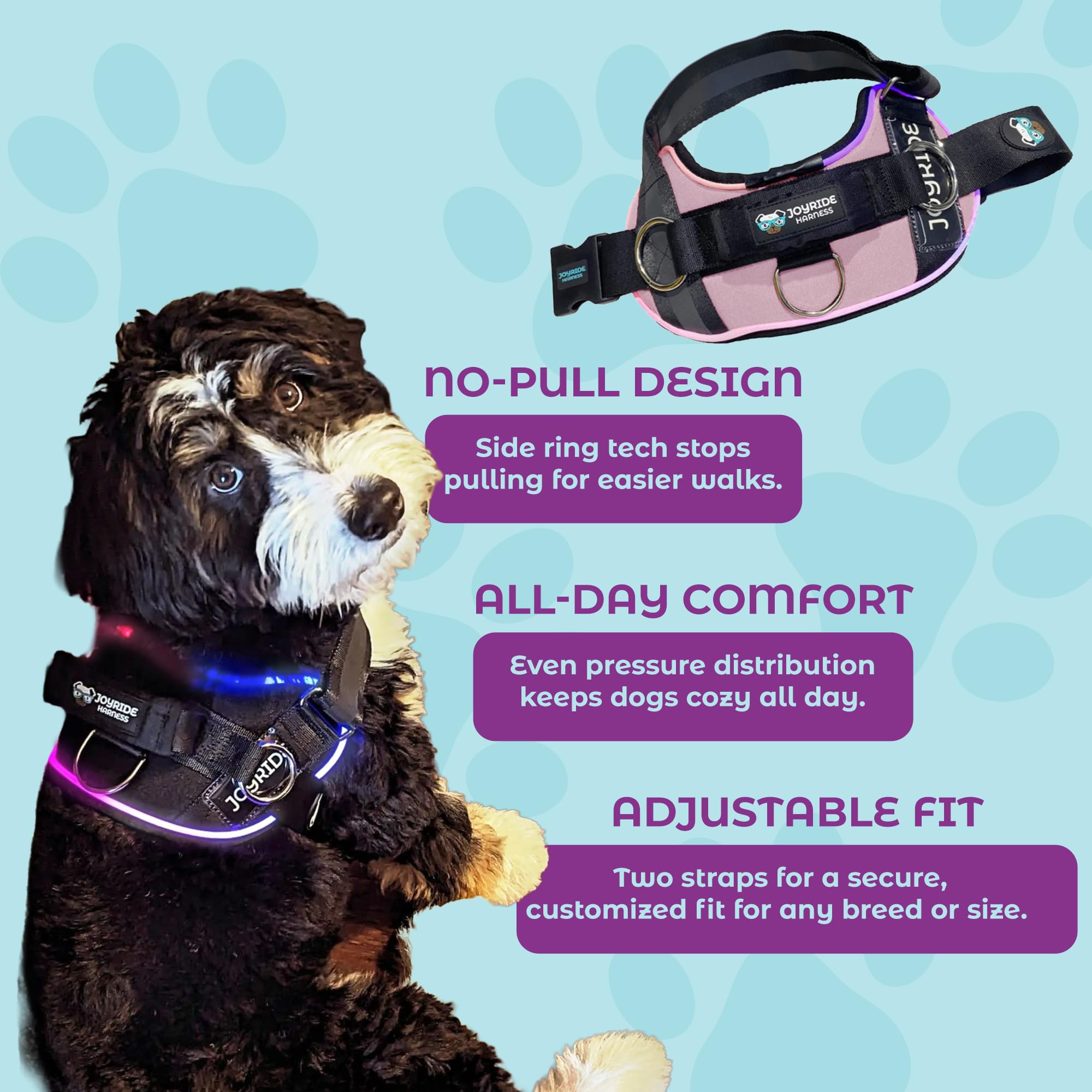 Joyride Harness customizable name tag area for easy dog identification.