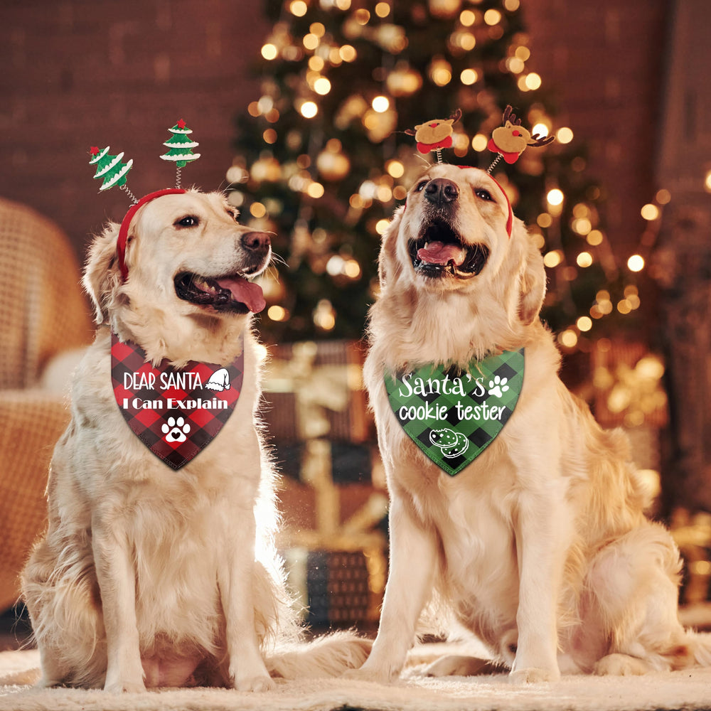 Joyriza Dear Santa red plaid dog bandana closeup shows colorfast festive print