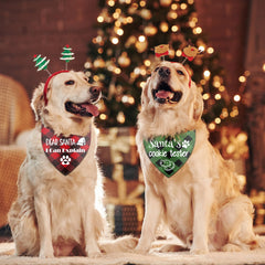 Joyriza Dear Santa red plaid dog bandana closeup shows colorfast festive print