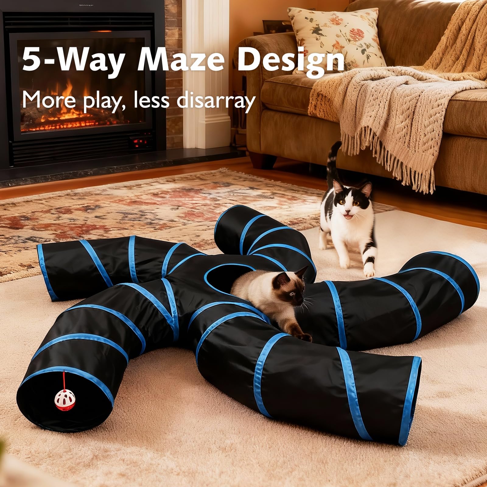 Joytale 5-Way Cat Tunnel blue-black interactive hole demonstrates ambush-friendly design for curious cats.
