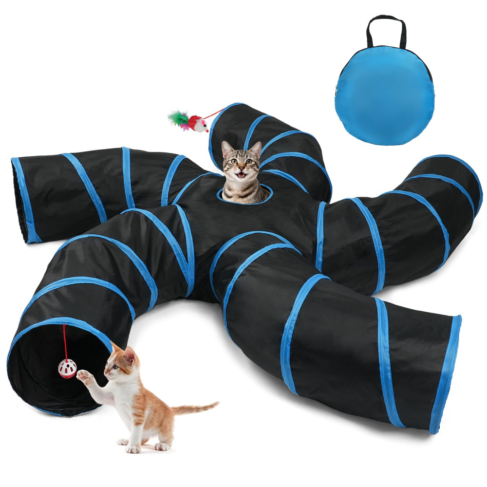 Joytale 5-Way Cat Tunnel blue-black top view highlights interactive play space for multiple cats.