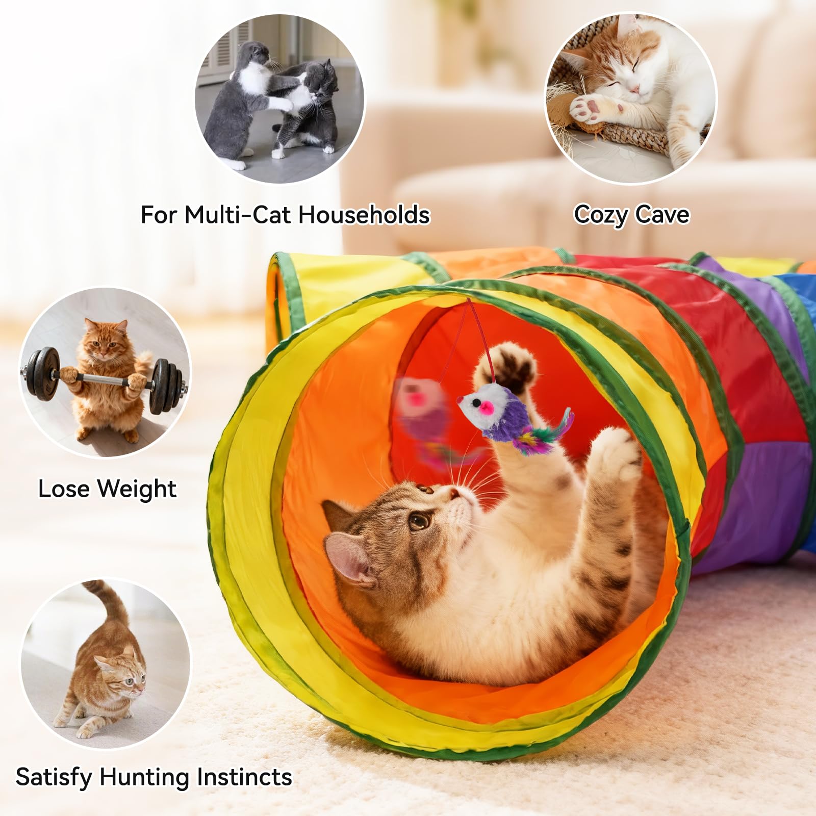 Joytale 5-Way Cat Tunnel play ball pendant stimulates curiosity with rattling sounds.