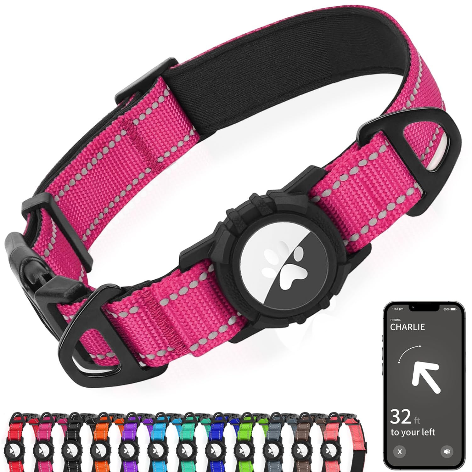 Joytale Airtag Dog Collar closeup pink for high visibility during walks