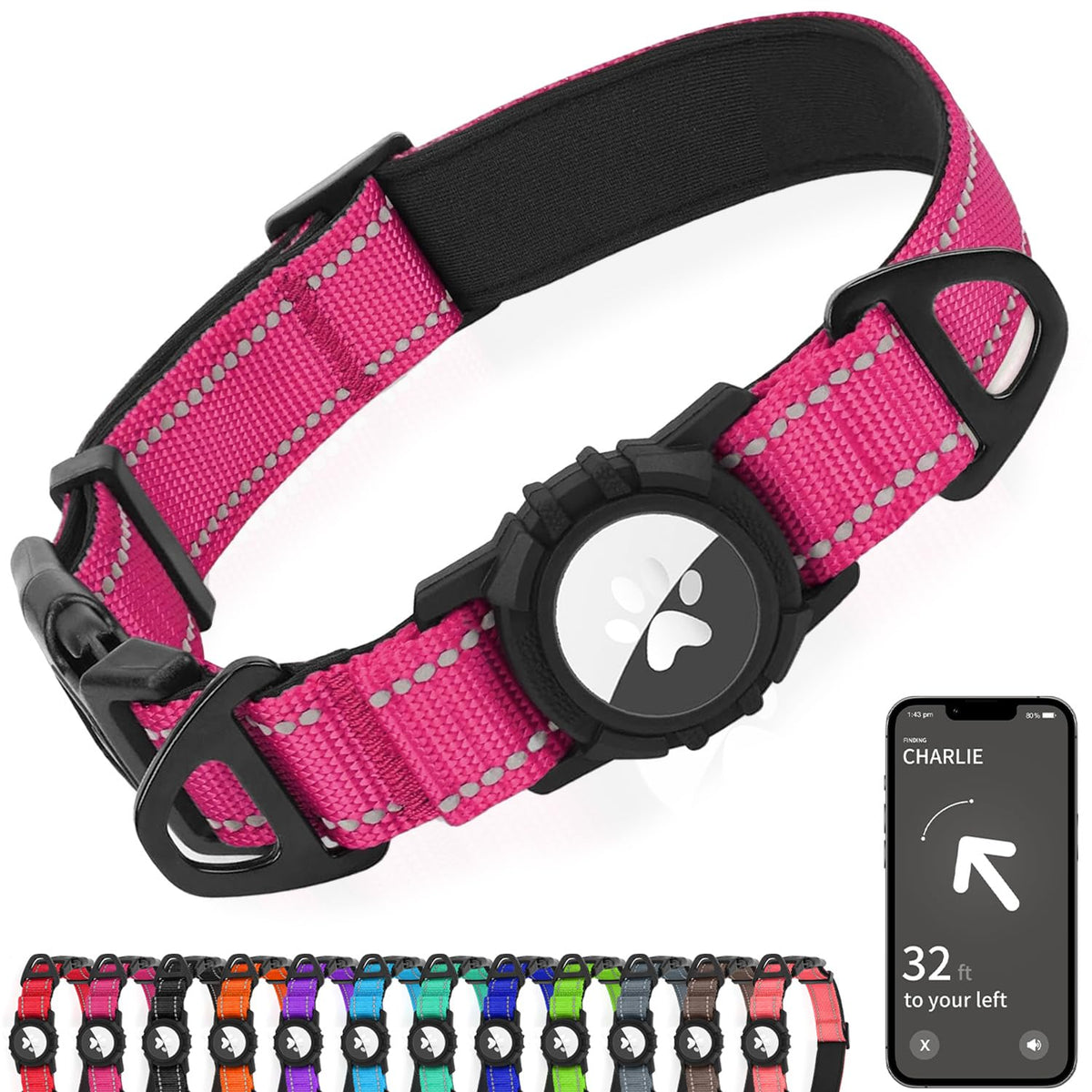 Joytale Airtag Dog Collar closeup pink for high visibility during walks