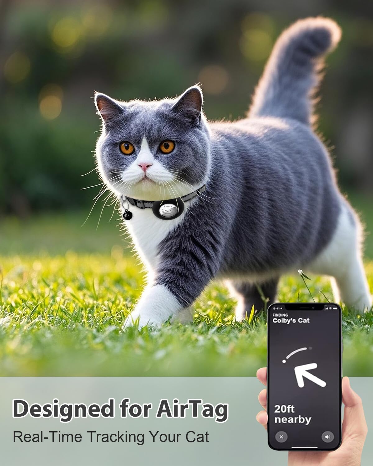 Joytale airtag holder cat collar closeup showing secured tracking device for real-time location.
