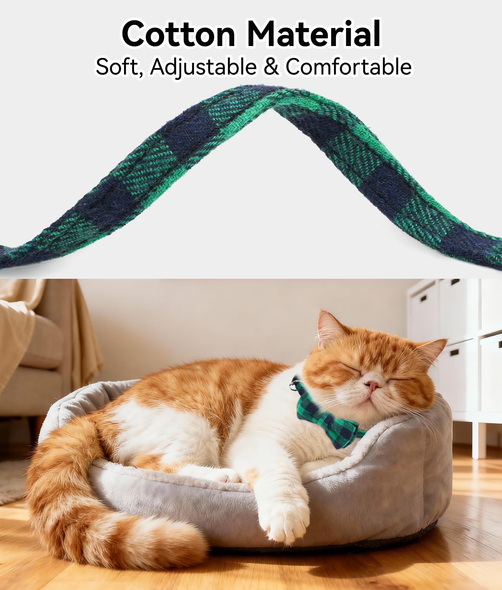 Joytale Cat Collar green plaid neck closeup demonstrates adjustable size 7–11 inches.