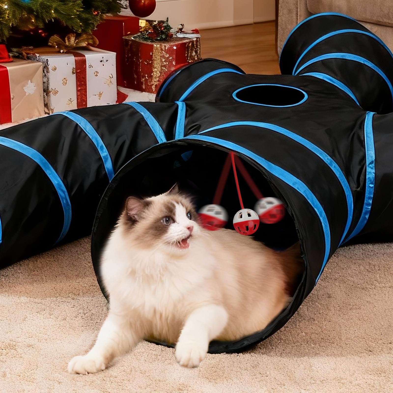 Joytale Indoor cat tunnel blue-black design enhances kitten playtime indoors.