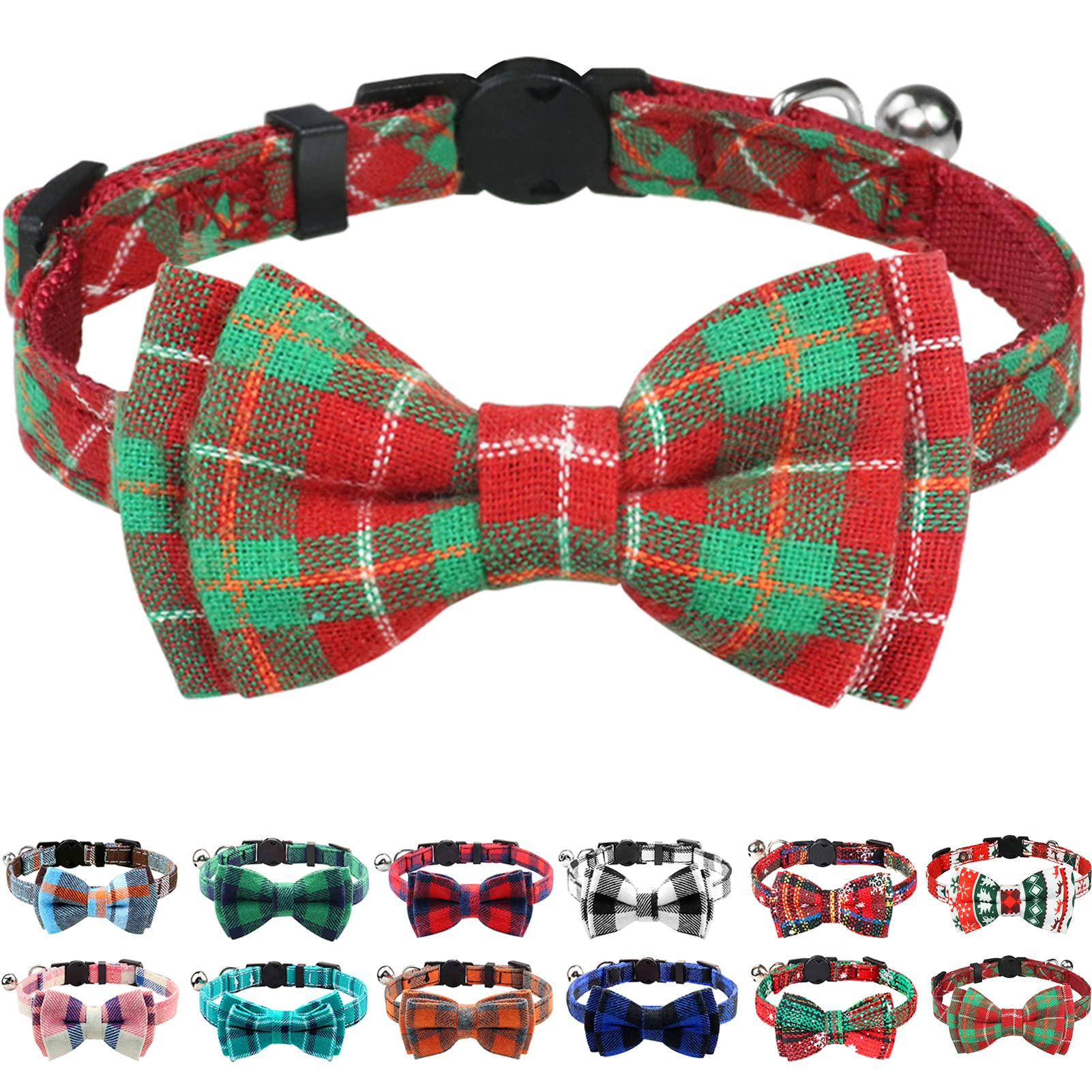 Joytale Christmas cat collar with bells and bow on plaid red-green fabric for easy-location