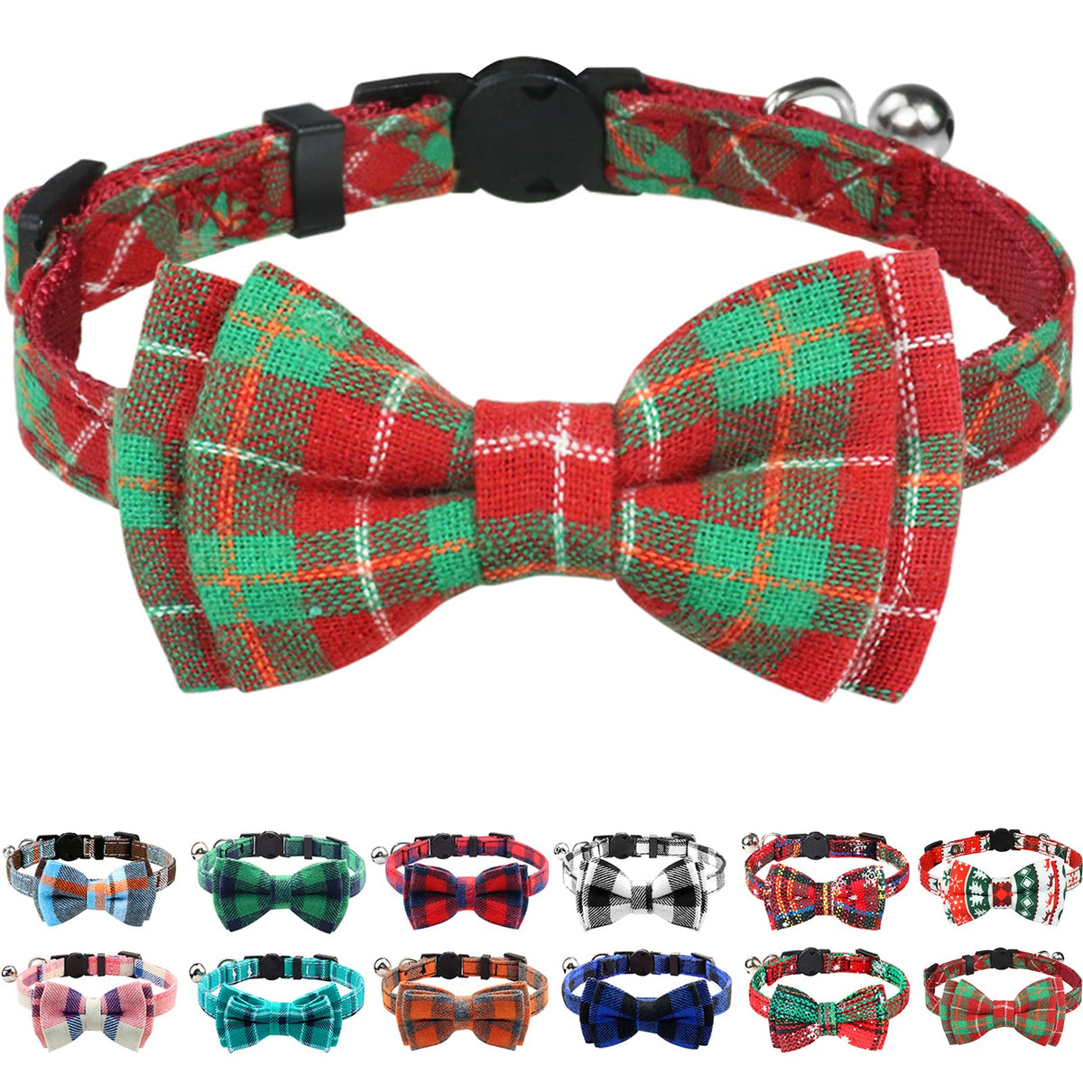 Joytale Christmas cat collar with bells and bow on plaid red-green fabric for easy-location