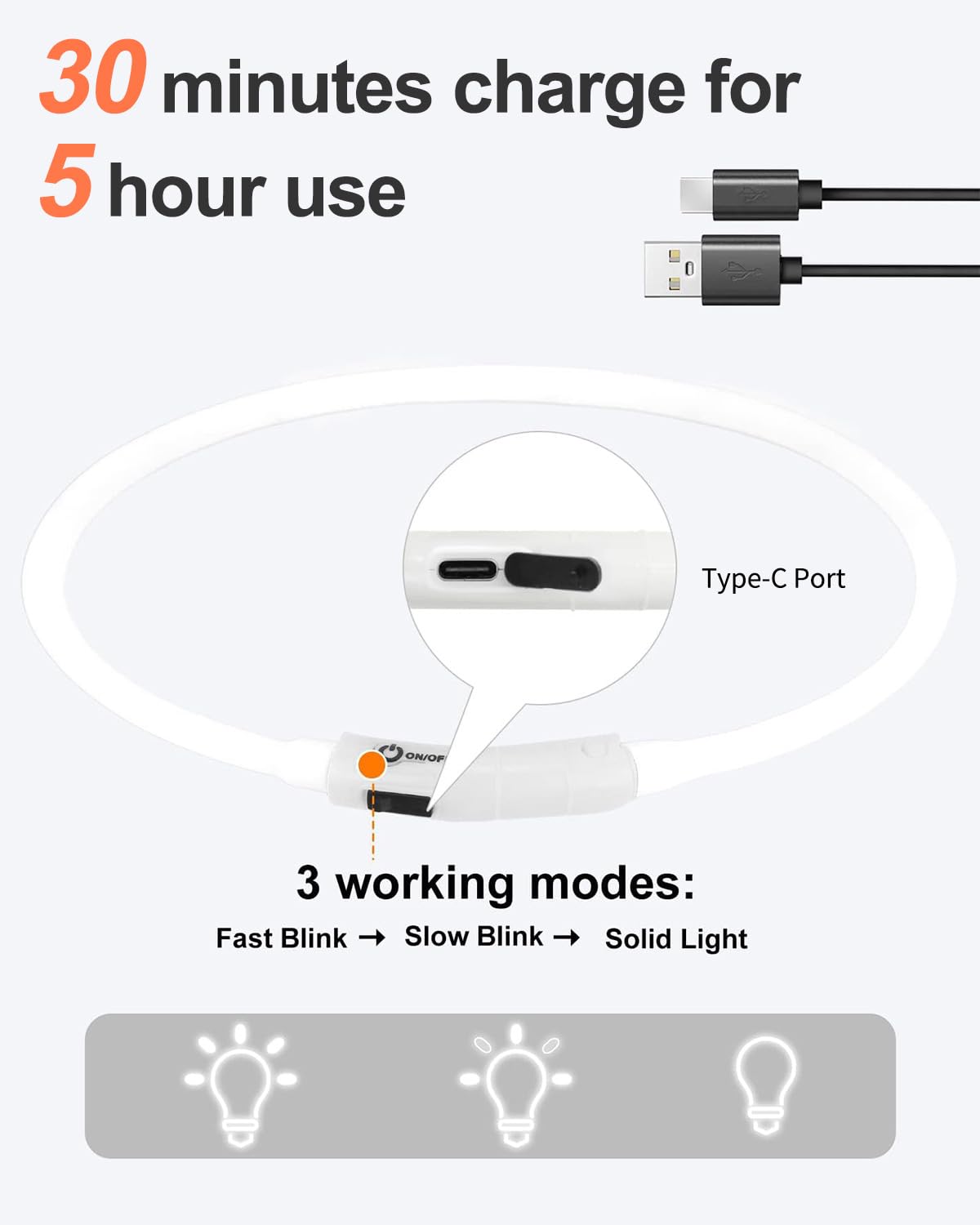 Joytale collar showing three glow modes for customizable safety lighting.