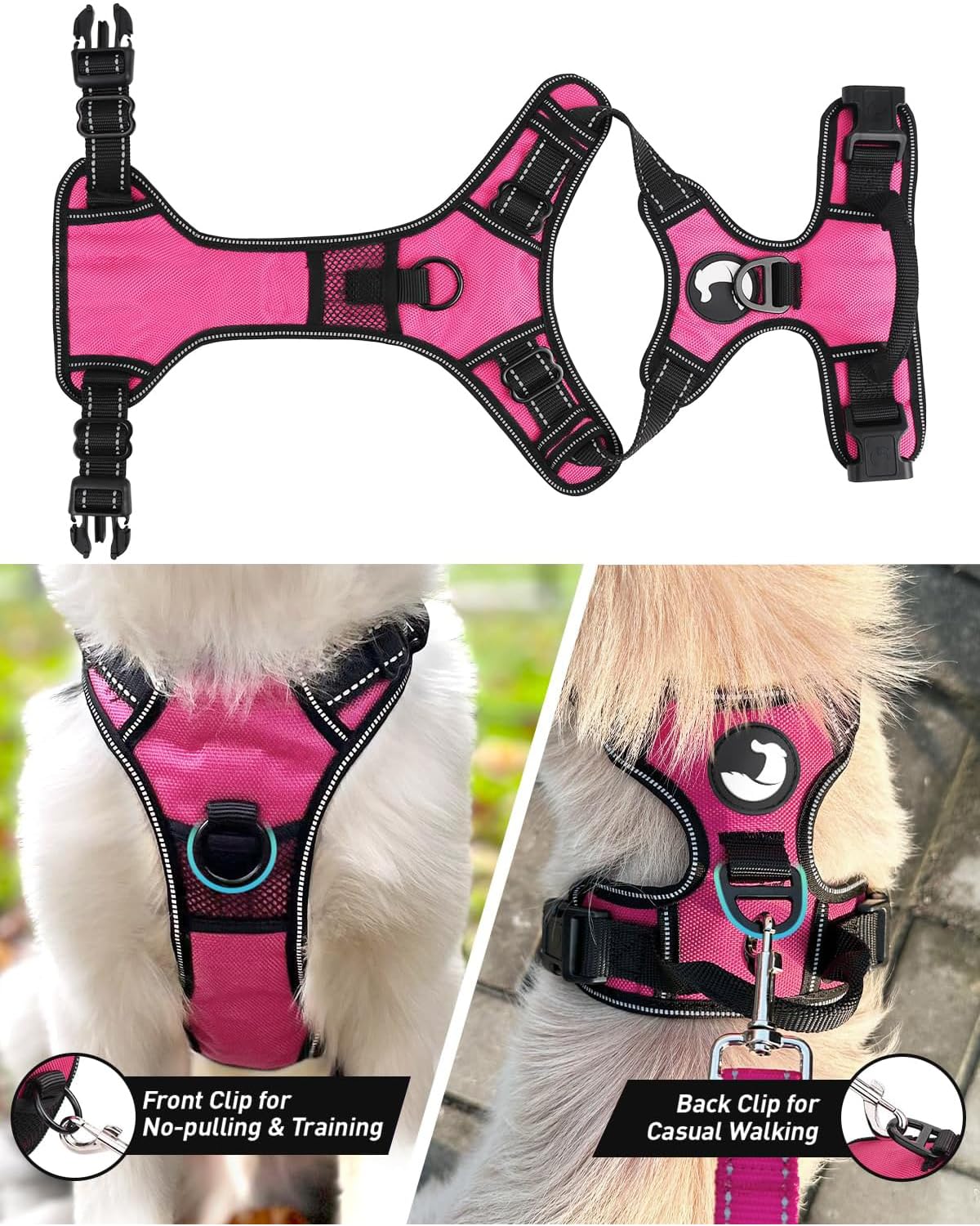 Joytale no-pull dog harness back clip provides traditional leash attachment.