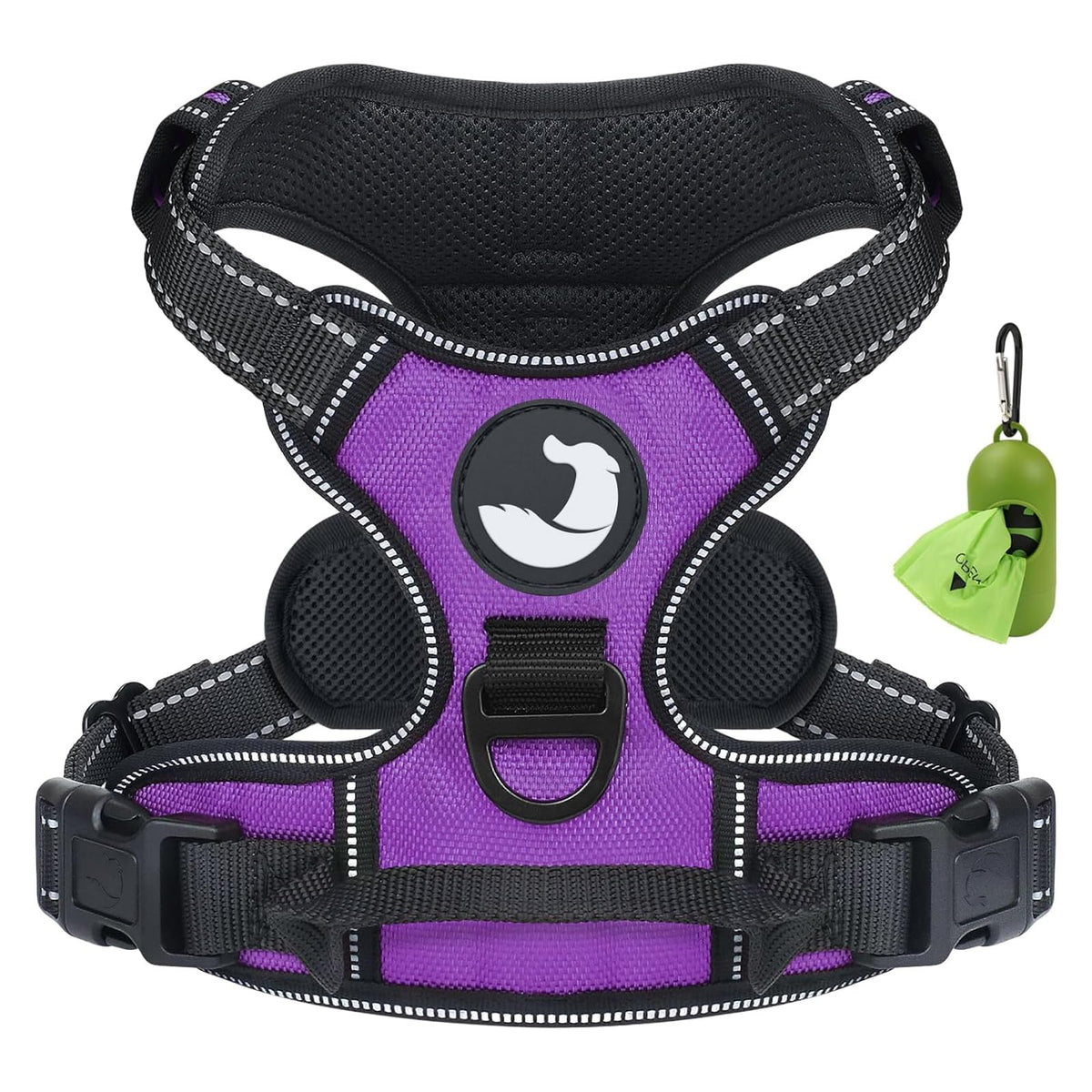 Joytale no-pull harness shown with front clip in purple for smoother redirecting during walks
