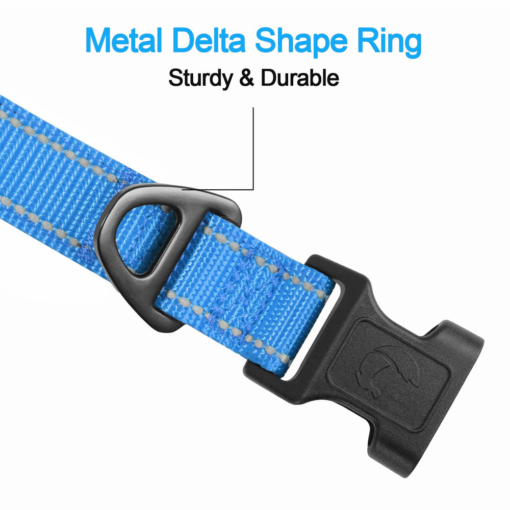 Joytale Reflective Dog Collar shows rust-resistant D-ring for outdoor adventures.