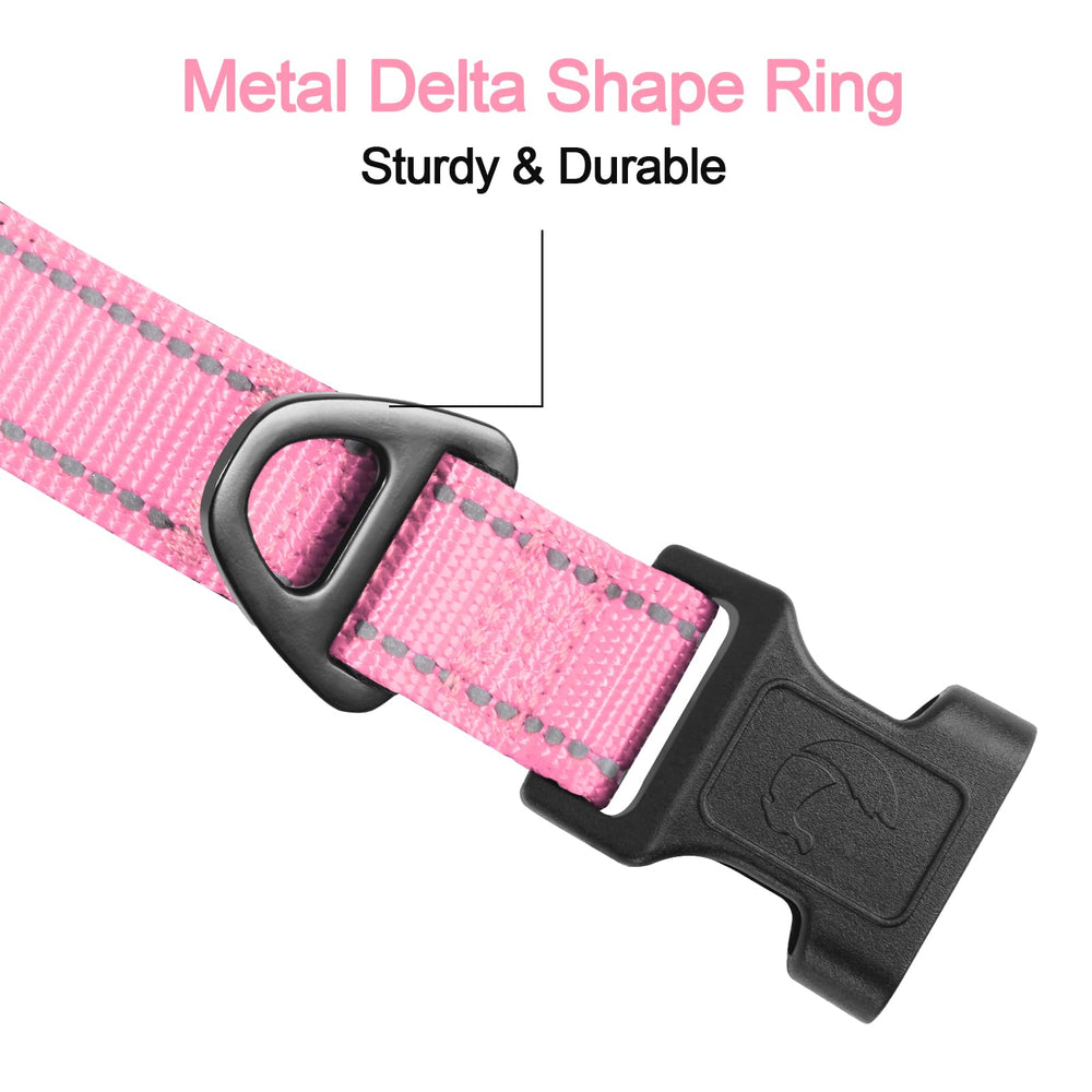 Joytale reflective dog collar pink large D-ring highlights secure leash attachment and rust resistance.