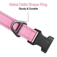 Joytale reflective dog collar pink large D-ring highlights secure leash attachment and rust resistance.