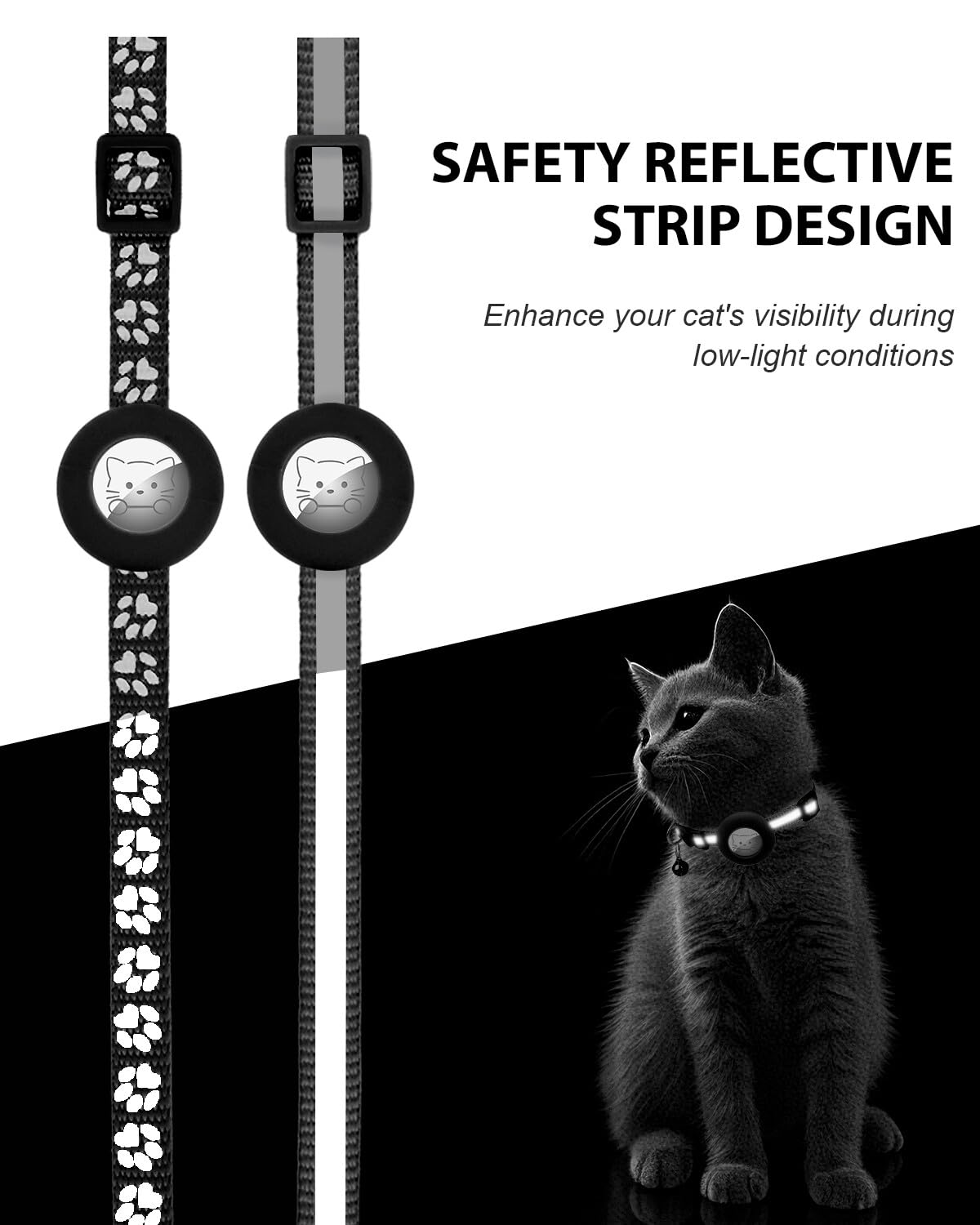 Joytale reflective-strip cat collar in low light enhances visibility during night outdoor adventures.
