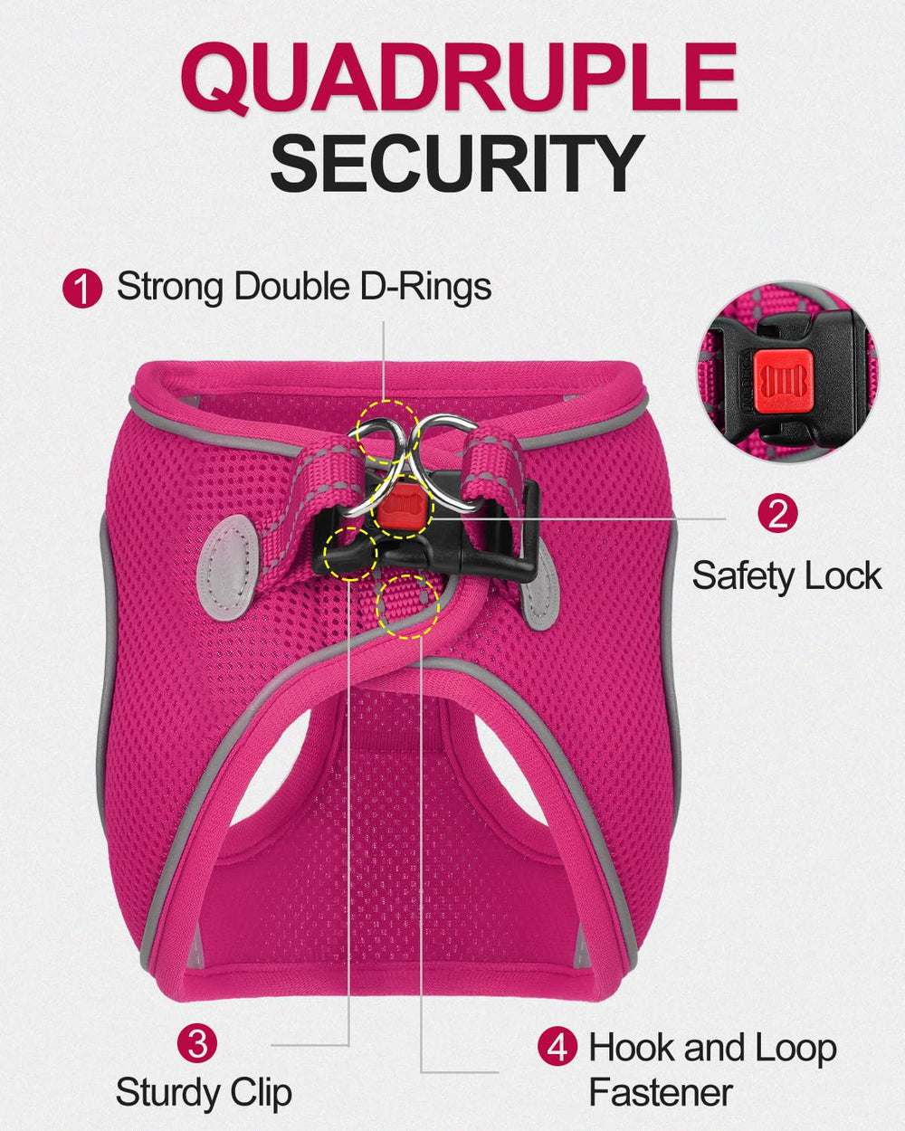 Joytale harness front D-ring holds ID tag or LED light for safety.