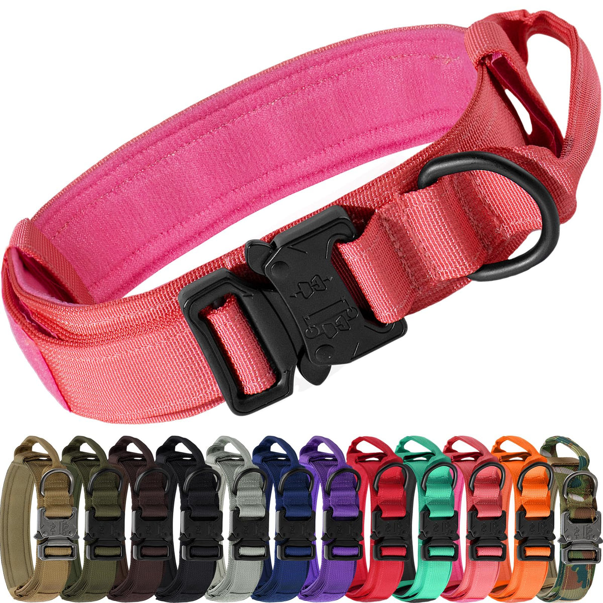 Joytale Tactical Dog Collar with Handle shows sturdy handle for controlled walks.