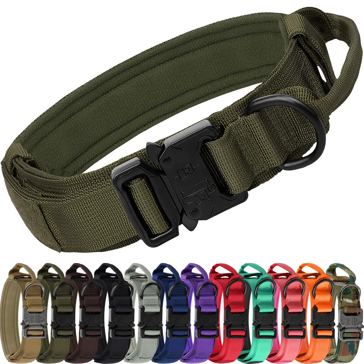 Joytale tactical dog collar with handle shows durable two-layer nylon and secure quick-release buckle.