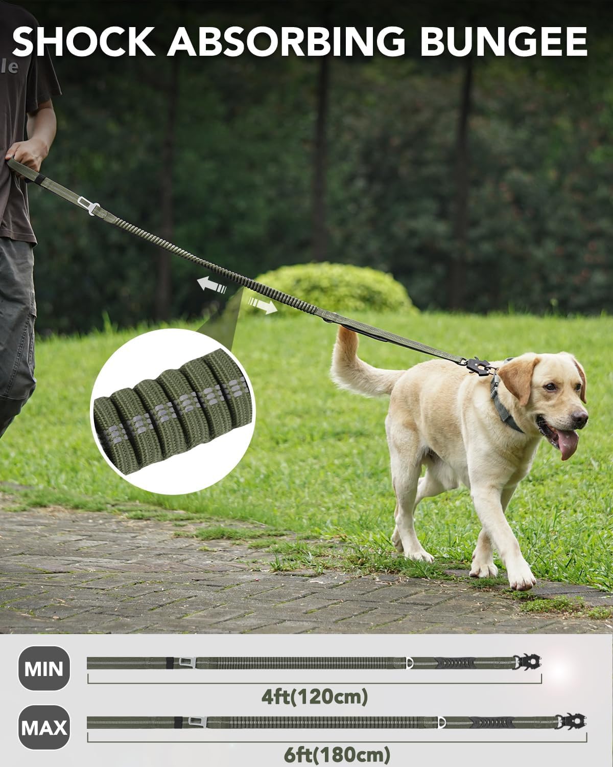 Joytale Tactical Dog Leash with bungee absorbs pulls for smoother walking.