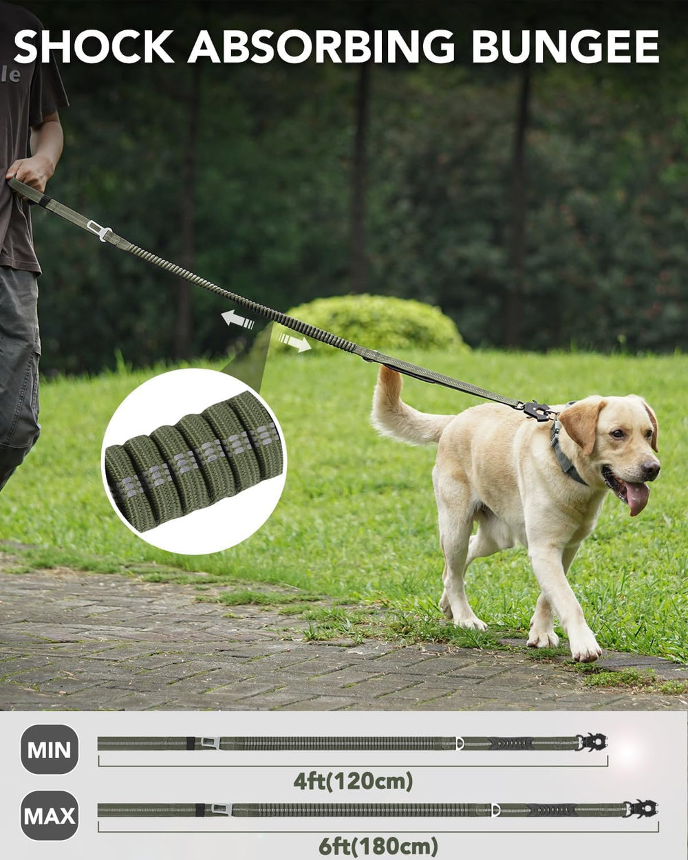Joytale Tactical Dog Leash with bungee absorbs pulls for smoother walking.
