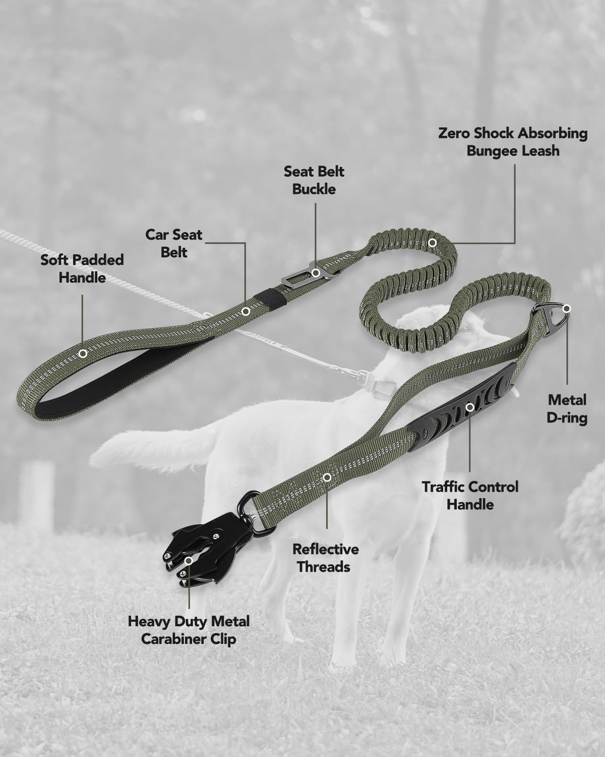 Joytale Tactical Dog Leash includes D-ring for attaching accessories.