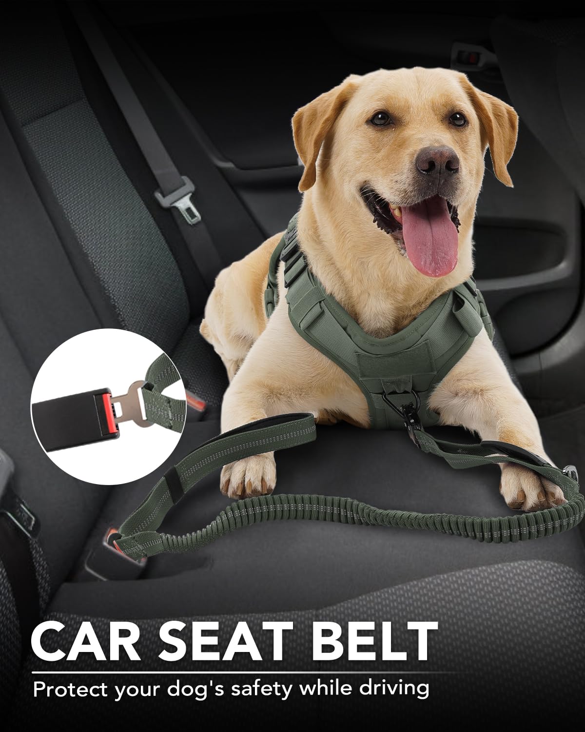 Joytale Tactical Dog Leash seatbelt clip supports secure car trips.